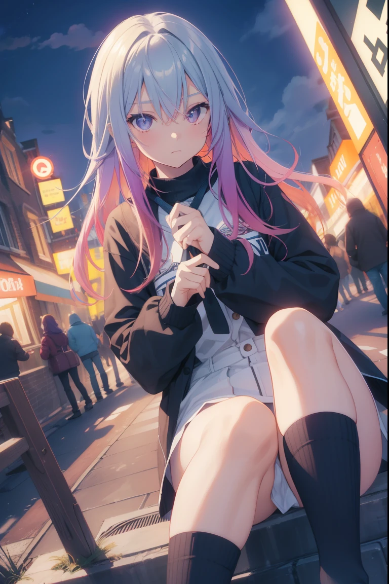 NY, (gradient hair, dutch angle:1.3), film grain, chromatic aberration, city, masterpiece, best quality, raw photo, photorealistic, absurdres, 1girl, cute, perspective, cowboy shot, highres, ultra detailed, detailed eyes and face, sharp pupils, realistic pupils, sharp focus, summer, night,  detailed full figure, beautiful socks, Socks above the knees, chance meeting, runaway from home