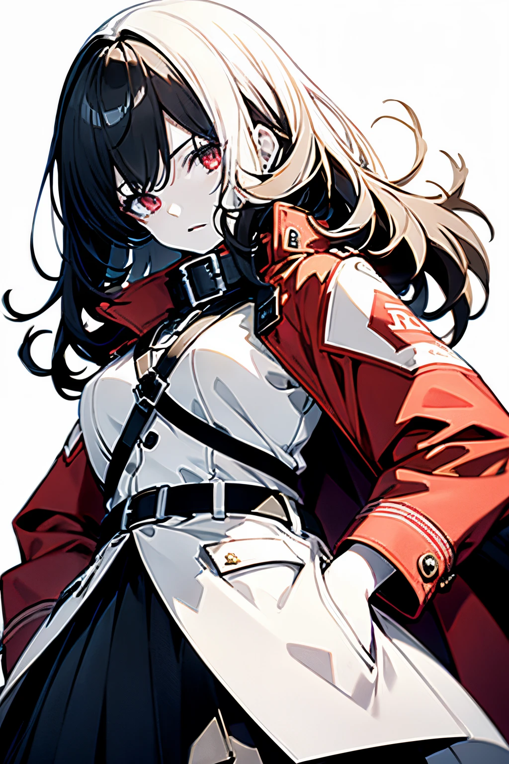 1 girl, Full body, (masutepiece:1.2, Best Quality), (finely detailed beautiful eye: 1.2), (beautifull detailed face), High contrast, (Best Illumination, extremely delicate and beautiful), ((Cinematic Light)), Dramatic light, Intricate details, (Pale white background:1.7), oversized red coat, Hands in pockets, Black hair, Red Eyes, body harnesses, Side tail hair,black military uniform, black skirt,