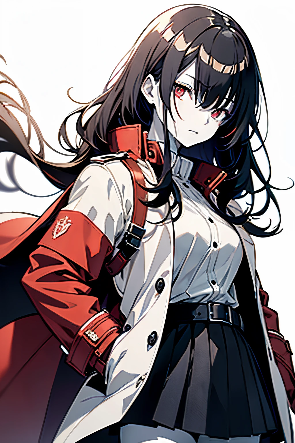 1 girl, Full body, (masutepiece:1.2, Best Quality), (finely detailed beautiful eye: 1.2), (beautifull detailed face), High contrast, (Best Illumination, extremely delicate and beautiful), ((Cinematic Light)), Dramatic light, Intricate details, (Pale white background:1.7), oversized red coat, Hands in pockets, Black hair, Red Eyes, body harnesses, Side tail hair,black military uniform, black skirt,