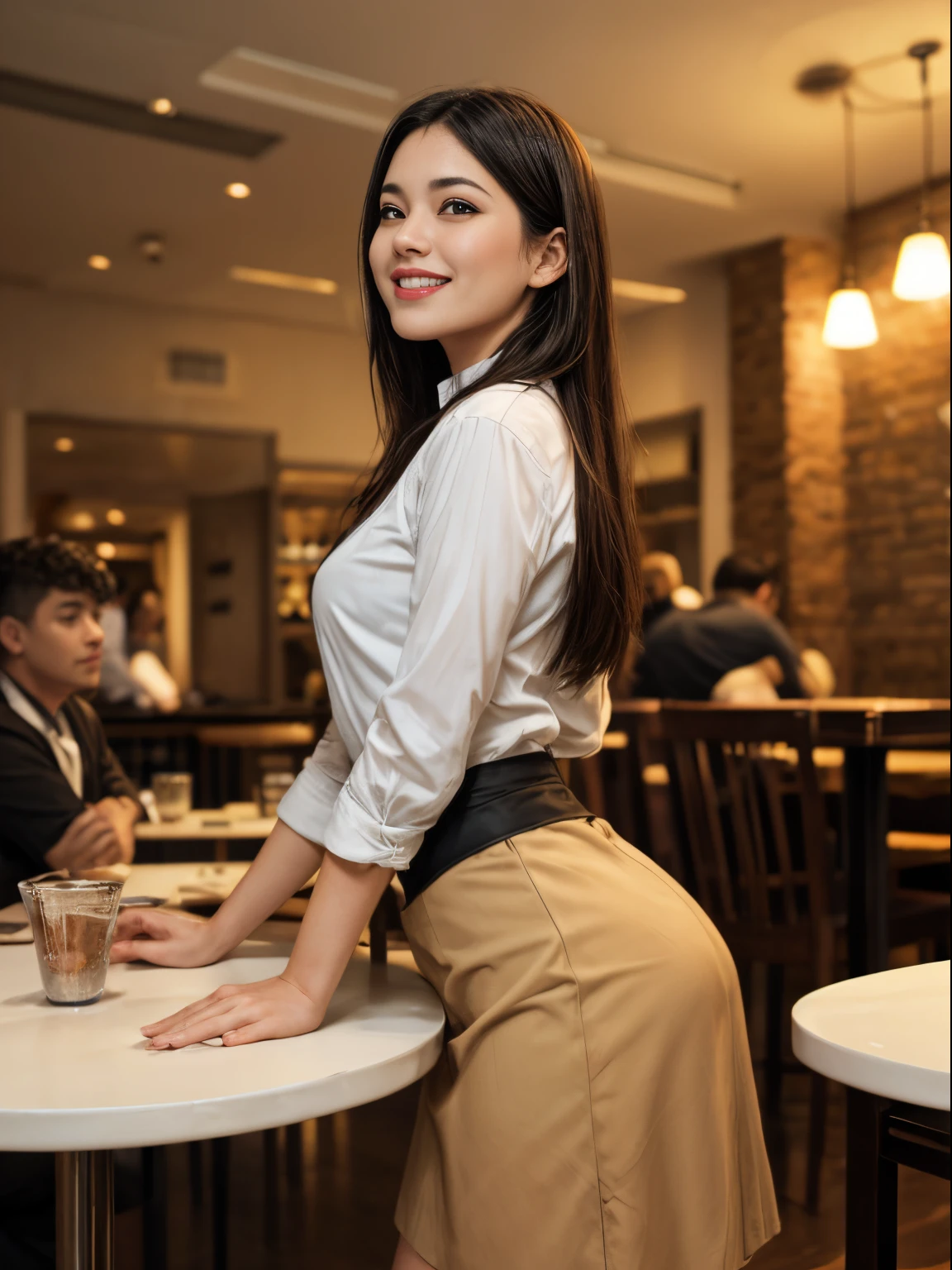 a woman, looking away, skirt, straddling table, ceiling, masturbate, shy smile, restaurant with customers,