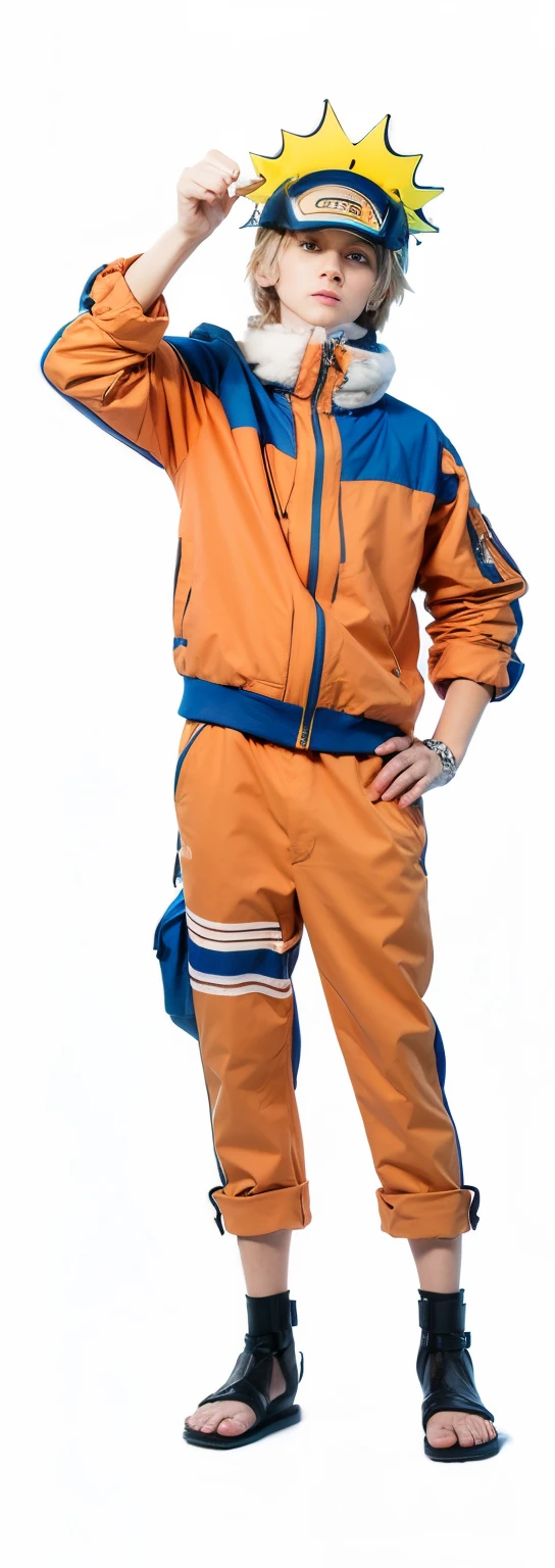 Arafed blonde boy with forehead protector wearing orange and blue jacket and pants with blue sandals