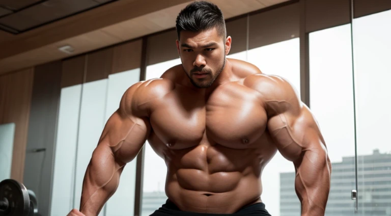 (Very detailed 8k wallpaper), Strong Asian Men, At the gym, high detailing, buzzcut, very large and strong body, bulging muscles, well-muscled, very large pectoral muscles. Very sexy abs, legs are muscular, Toned figure, lightens oily skin, muscular, Tank top, T-shirt, longshot, Wide Shot