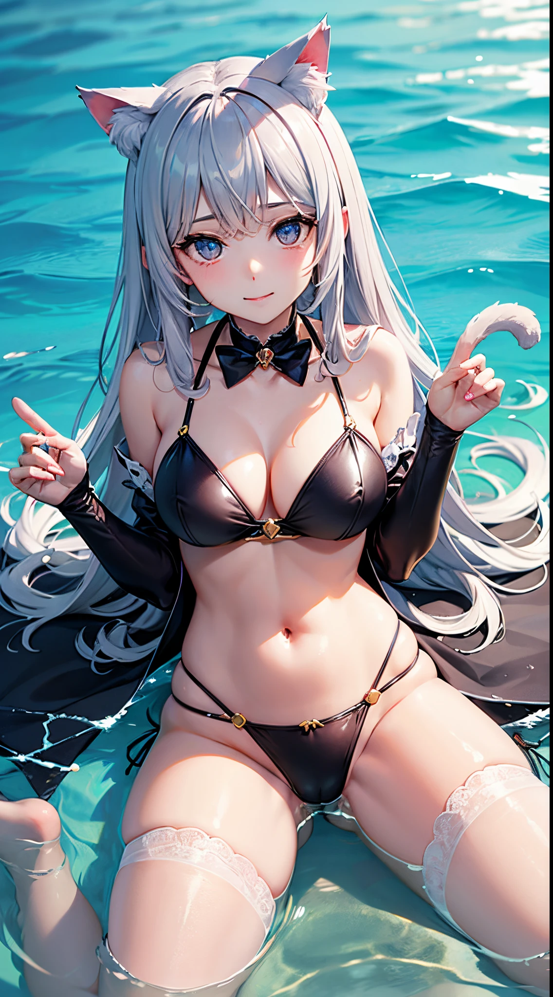 Cat-eared lady。anime figure。adolable。Beth。above water。Detailed fingers。upper legs。Sitting on the stomach。dream magical。Perfect face。