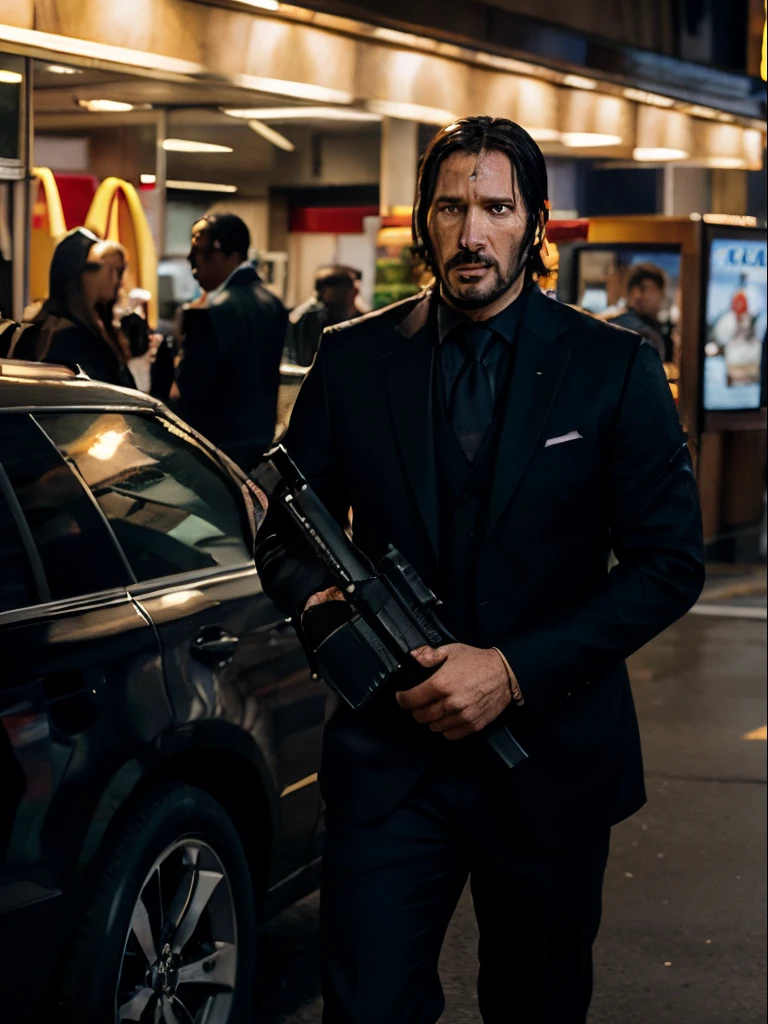 arafed man in a suit standing next to a large gun, New John Wick movie, at mcdonalds
