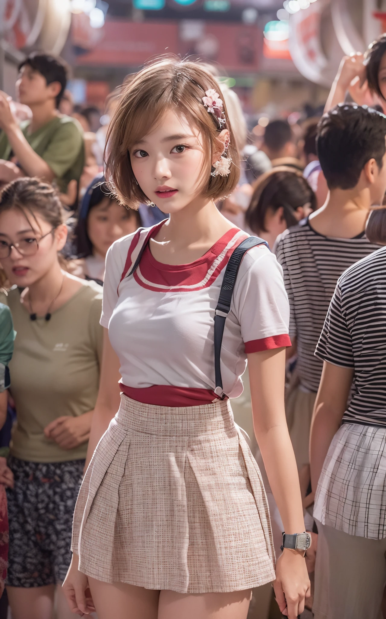 extremely detailed CG unity 8k wallpaper, best quality, ultra-detailed, masterpiece, realistic, photo realistic, extremely detailed cute girl, 20years old, (((skirt lift by myself))), (lifted by self),  panties , panties focus, blush, parted lips, looking at viewer  , half body shot  , (crowd), (crowded museum) , short bob cut