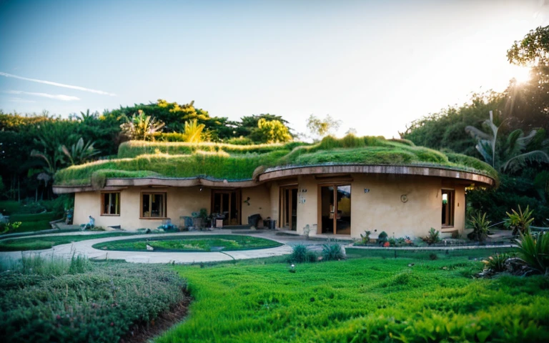 A photograph of a symmetrical contemporary house with (((one waved green roof))) and (((biological pool))) in a tropical backyard, mustard yellow terracota plaster walls (((rustic clay stucco))), ((corner walls rounded)), ((rustic clay plaster)), (((terracotta walls with rounded corners, organic curves))), (((rustic earth plaster, mud))), (((wave-shaped green roof with wooden edge))), (((wooden roof structure, wooden rake, wooden fascia board))), eaves, porch with wooden pillar, ((roof with wooden structure)), In Bali (((Tropical garden))), ((natural houses, organic buildings, organic architecture)), Ecovillage, sustainable architecture, Bioconstruction architecture, solarpunk architecture, (((grass roof, green roof, green wave roof, rounded roof, vegetated roofs))), ((green architecture)), Passive house, (((Rock Foundation))), Clear sky in the background, painful beauty, modern, imposing, green house, ((Bali hobbit Hadid Style)), super resolution, cinematic, color grading, editorial photography, photography, photo shoot, (((dramatic front eye top angle view))), O 50mm, depth of field, intricate details, natural colors, sharp focus, warm light, shutter speed 1/1000, F/22, White Balance, Ray Trace Reflections, Lumen Reflections, Screen Space Reflections, Diffraction Rating, Chromatic Aberration, GB Shift, Partial Lighting, Backlighting, Daylighting, Scan Lines, ambient occlusion, antialiasing, shaders, OpenGL-Shaders, GLSL-Shaders, Post-processing, post-production, shading, tone mapping, incredibly detailed and complex, hypermaximalist, elegant, hyperrealistic, super detailed, dynamic pose, Fujifilm XT