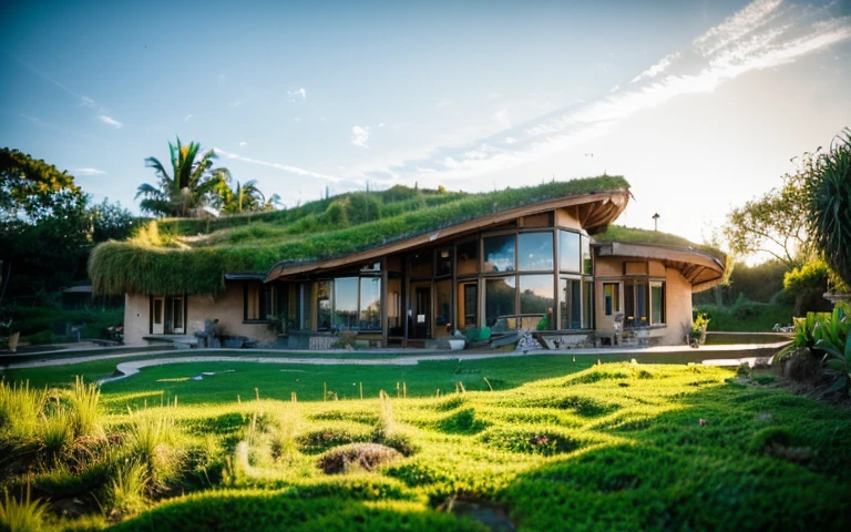 A photograph of a symmetrical contemporary house with (((one waved green roof))) and (((biological pool))) in a tropical backyard, mustard yellow terracota plaster walls (((rustic clay stucco))), ((corner walls rounded)), ((rustic clay plaster)), (((terracotta walls with rounded corners, organic curves))), (((rustic earth plaster, mud))), (((wave-shaped green roof with wooden edge))), (((wooden roof structure, wooden rake, wooden fascia board))), eaves, porch with wooden pillar, ((roof with wooden structure)), In Bali (((Tropical garden))), ((natural houses, organic buildings, organic architecture)), Ecovillage, sustainable architecture, Bioconstruction architecture, solarpunk architecture, (((grass roof, green roof, green wave roof, rounded roof, vegetated roofs))), ((green architecture)), Passive house, (((Rock Foundation))), Clear sky in the background, painful beauty, modern, imposing, green house, ((Bali hobbit Hadid Style)), super resolution, cinematic, color grading, editorial photography, photography, photo shoot, (((dramatic front eye top angle view))), O 50mm, depth of field, intricate details, natural colors, sharp focus, warm light, shutter speed 1/1000, F/22, White Balance, Ray Trace Reflections, Lumen Reflections, Screen Space Reflections, Diffraction Rating, Chromatic Aberration, GB Shift, Partial Lighting, Backlighting, Daylighting, Scan Lines, ambient occlusion, antialiasing, shaders, OpenGL-Shaders, GLSL-Shaders, Post-processing, post-production, shading, tone mapping, incredibly detailed and complex, hypermaximalist, elegant, hyperrealistic, super detailed, dynamic pose, Fujifilm XT