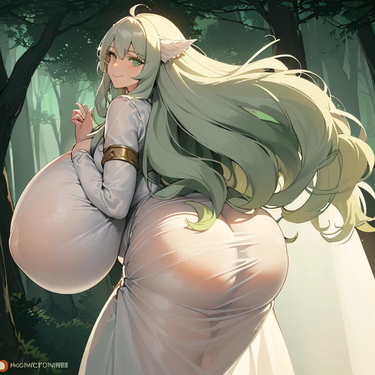 ((1 woman with very long white hair, large curvaceous,((gigantic breasts)),((holding her ass)),((large and transparent white dress)),((green eyes, closed, naughty smile)) ,((backwards, butt visible)),in a haunted forest,at night)),