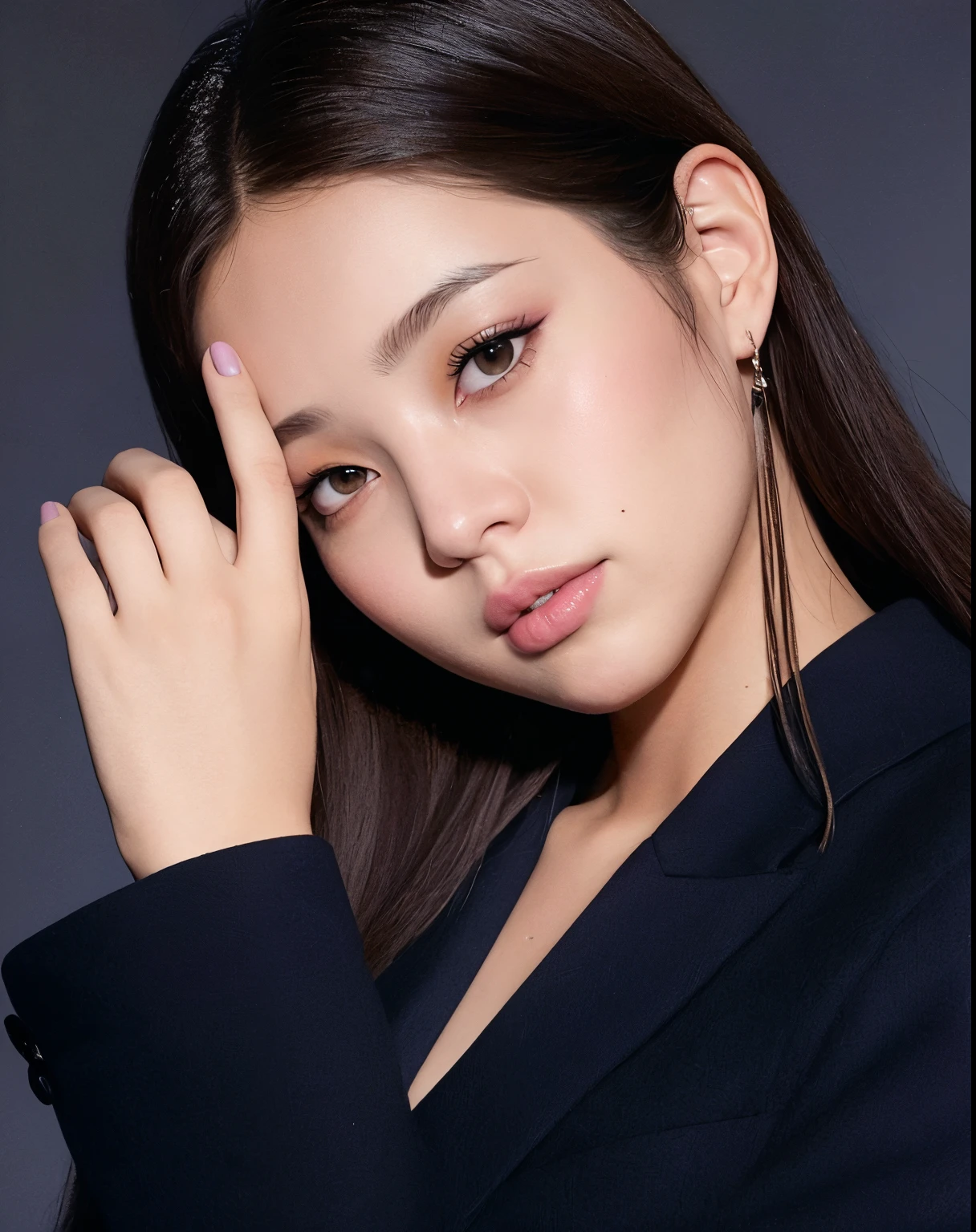 a close up of a woman with long hair wearing a black jacket, blackpink jennie, portrait of jossi of blackpink, jossi of blackpink, park ji-min, lee ji - eun, lee ji-eun, roseanne park of blackpink, heonhwa choe, popular south korean makeup, portrait of female korean idol, hwang se - on, seseon yoon