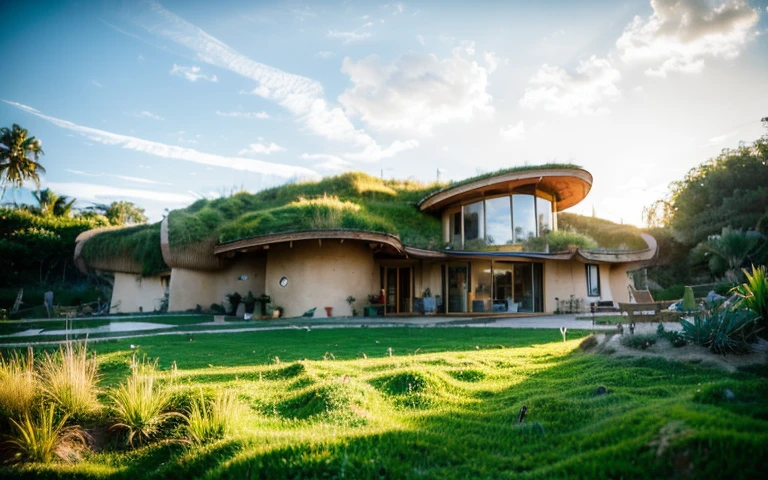 A photograph of a symmetrical contemporary house with (((one waved green roof))) and (((biological pool))) in a tropical backyard, mustard yellow terracota plaster walls (((rustic clay stucco))), ((corner walls rounded)), ((rustic clay plaster)), (((terracotta walls with rounded corners, organic curves))), (((rustic earth plaster, mud))), (((wave-shaped green roof with wooden edge))), (((wooden roof structure, wooden rake, wooden fascia board))), eaves, porch with wooden pillar, ((roof with wooden structure)), In Bali (((Tropical garden))), ((natural houses, organic buildings, organic architecture)), Ecovillage, sustainable architecture, Bioconstruction architecture, solarpunk architecture, (((grass roof, green roof, green wave roof, rounded roof, vegetated roofs))), ((green architecture)), Passive house, (((Rock Foundation))), Clear sky in the background, painful beauty, modern, imposing, green house, ((Bali hobbit Hadid Style)), super resolution, cinematic, color grading, editorial photography, photography, photo shoot, (((dramatic front eye top angle view))), O 50mm, depth of field, intricate details, natural colors, sharp focus, warm light, shutter speed 1/1000, F/22, White Balance, Ray Trace Reflections, Lumen Reflections, Screen Space Reflections, Diffraction Rating, Chromatic Aberration, GB Shift, Partial Lighting, Backlighting, Daylighting, Scan Lines, ambient occlusion, antialiasing, shaders, OpenGL-Shaders, GLSL-Shaders, Post-processing, post-production, shading, tone mapping, incredibly detailed and complex, hypermaximalist, elegant, hyperrealistic, super detailed, dynamic pose, Fujifilm XT