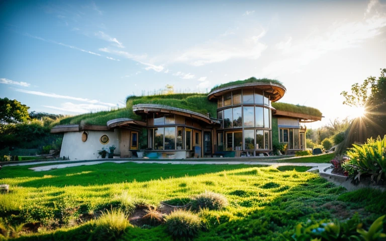 A photograph of a symmetrical contemporary house with (((one waved green roof))) and (((biological pool))) in a tropical backyard, mustard yellow terracota plaster walls (((rustic clay stucco))), ((corner walls rounded)), ((rustic clay plaster)), (((terracotta walls with rounded corners, organic curves))), (((rustic earth plaster, mud))), (((wave-shaped green roof with wooden edge))), (((wooden roof structure, wooden rake, wooden fascia board))), eaves, porch with wooden pillar, ((roof with wooden structure)), In Bali (((Tropical garden))), ((natural houses, organic buildings, organic architecture)), Ecovillage, sustainable architecture, Bioconstruction architecture, solarpunk architecture, (((grass roof, green roof, green wave roof, rounded roof, vegetated roofs))), ((green architecture)), Passive house, (((Rock Foundation))), Clear sky in the background, painful beauty, modern, imposing, green house, ((Bali hobbit Hadid Style)), super resolution, cinematic, color grading, editorial photography, photography, photo shoot, (((dramatic front eye top angle view))), O 50mm, depth of field, intricate details, natural colors, sharp focus, warm light, shutter speed 1/1000, F/22, White Balance, Ray Trace Reflections, Lumen Reflections, Screen Space Reflections, Diffraction Rating, Chromatic Aberration, GB Shift, Partial Lighting, Backlighting, Daylighting, Scan Lines, ambient occlusion, antialiasing, shaders, OpenGL-Shaders, GLSL-Shaders, Post-processing, post-production, shading, tone mapping, incredibly detailed and complex, hypermaximalist, elegant, hyperrealistic, super detailed, dynamic pose, Fujifilm XT