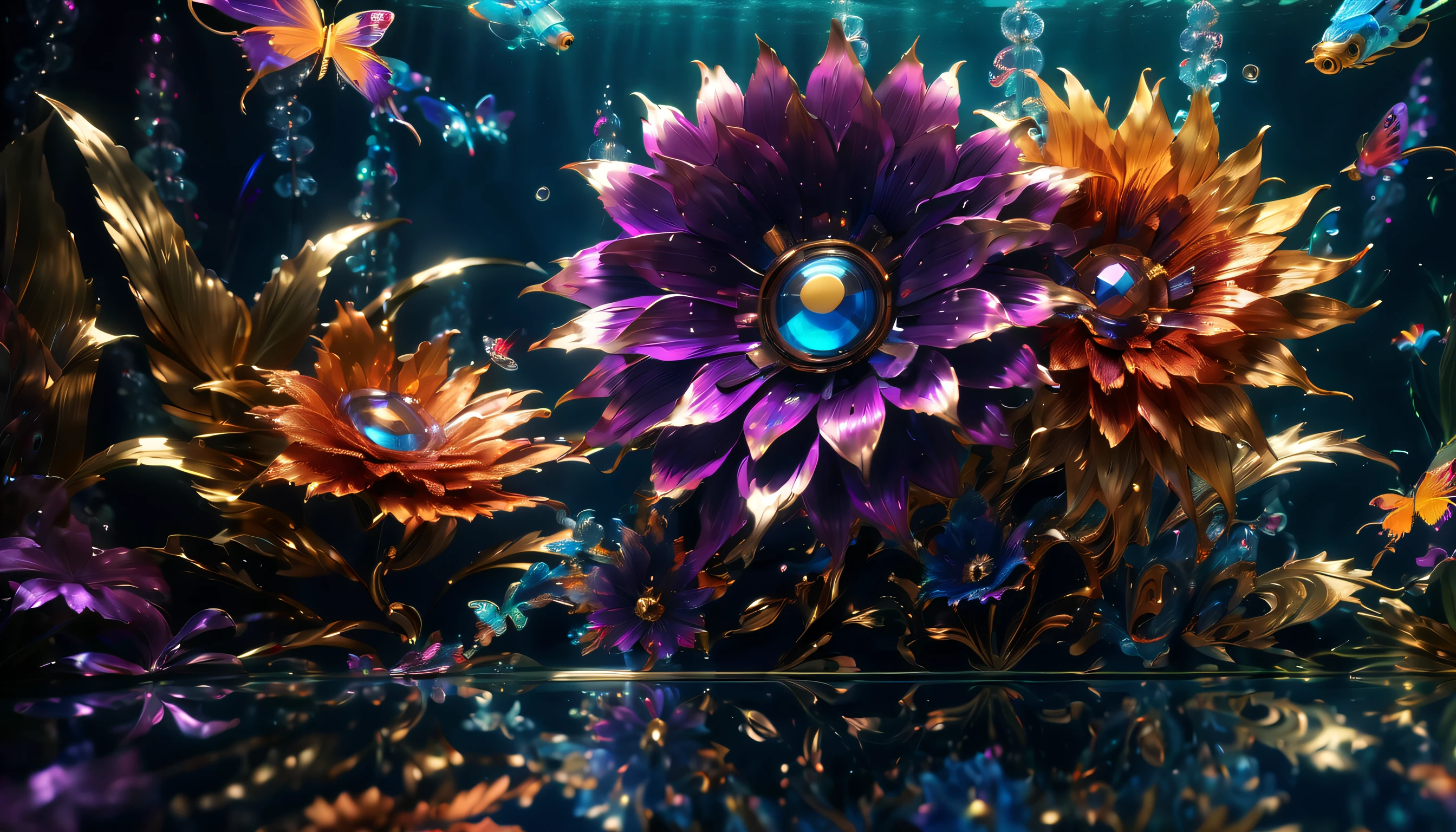 (((steampunk_metallic_garden_flowers in large_aquarium:1.4))), (((metallic_coating:1.4))), (((fusion colorful flower and metallic_texture:1.5))), (((metal shine amplification:1.6))), breathtaking contrast of light and shadow, metallic flowers glisten under a complex glow, mesmerizing glow that highlights the beauty of the metallic flowers, while snowflakes fall gently from above, (graceful_mechanic_dragon swim through the water:1.3). visually stunning detailed digital painting, beautiful, extremely incredibly detailed, intricate insane details, (((radiosity rendered in stunning 32k resolution beauty:1.3))), (((intricate detail:1.4))), (((extremely insane detail:1.4))), (((highly quality:1.3))), (((ultimate level:1.4))), (((highly quality:1.3))), (((radiosity rendered in stunning 32k resolution beauty:1.3))), (((beautiful detail glow:1.2))), (((realistic:1.3))),