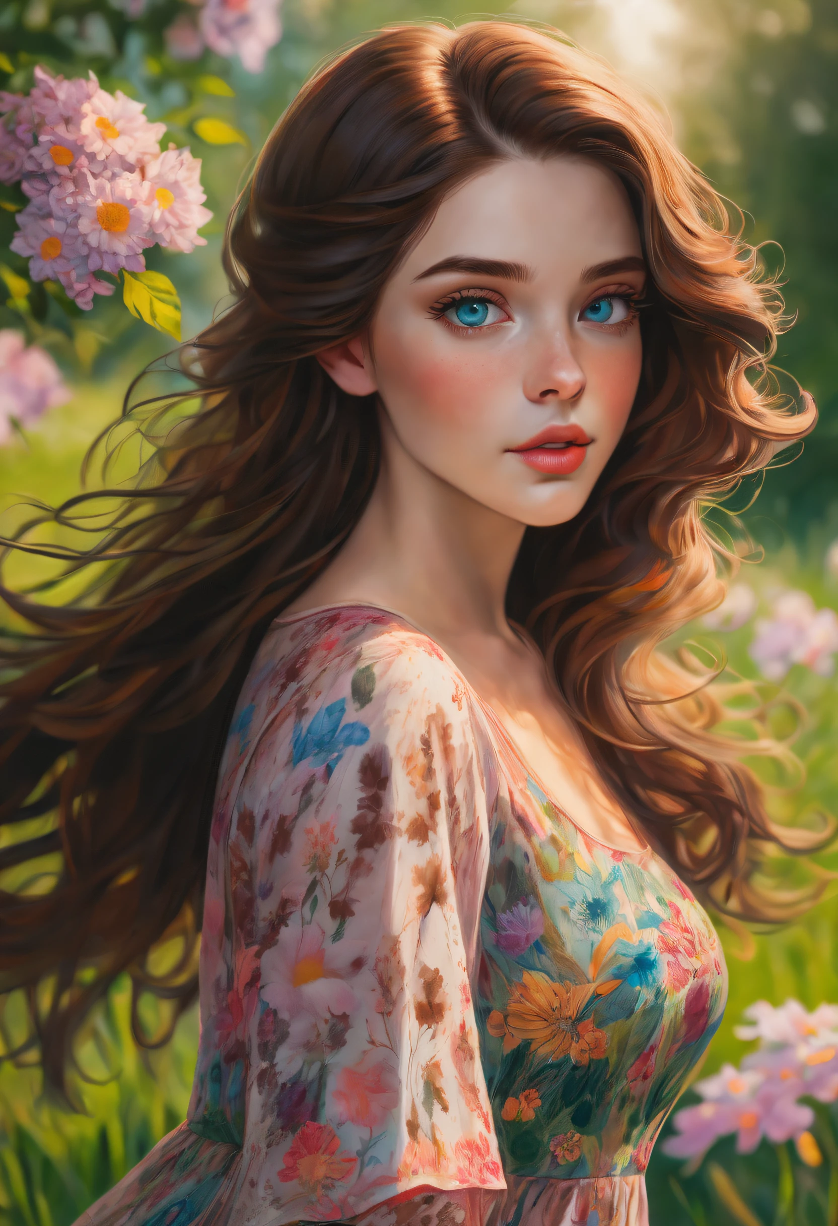 brown-haired girl, blue eyes, (beautiful detailed eyes, beautiful detailed lips), (soft and flowing brown hair), (youthful and radiant appearance), garden setting, (colorful flowers, lush green grass), (sunlight streaming through the trees), (gentle breeze rustling her hair), (happy and content expression), (girl wearing a floral dress), (playful and carefree posture), (dreamy and whimsical atmosphere), (oil painting:1.2), (ultra-detailed, realistic:1.37), (vivid colors), (soft and warm color palette), (natural light), (highres, sharp focus), (bokeh), (portrait)