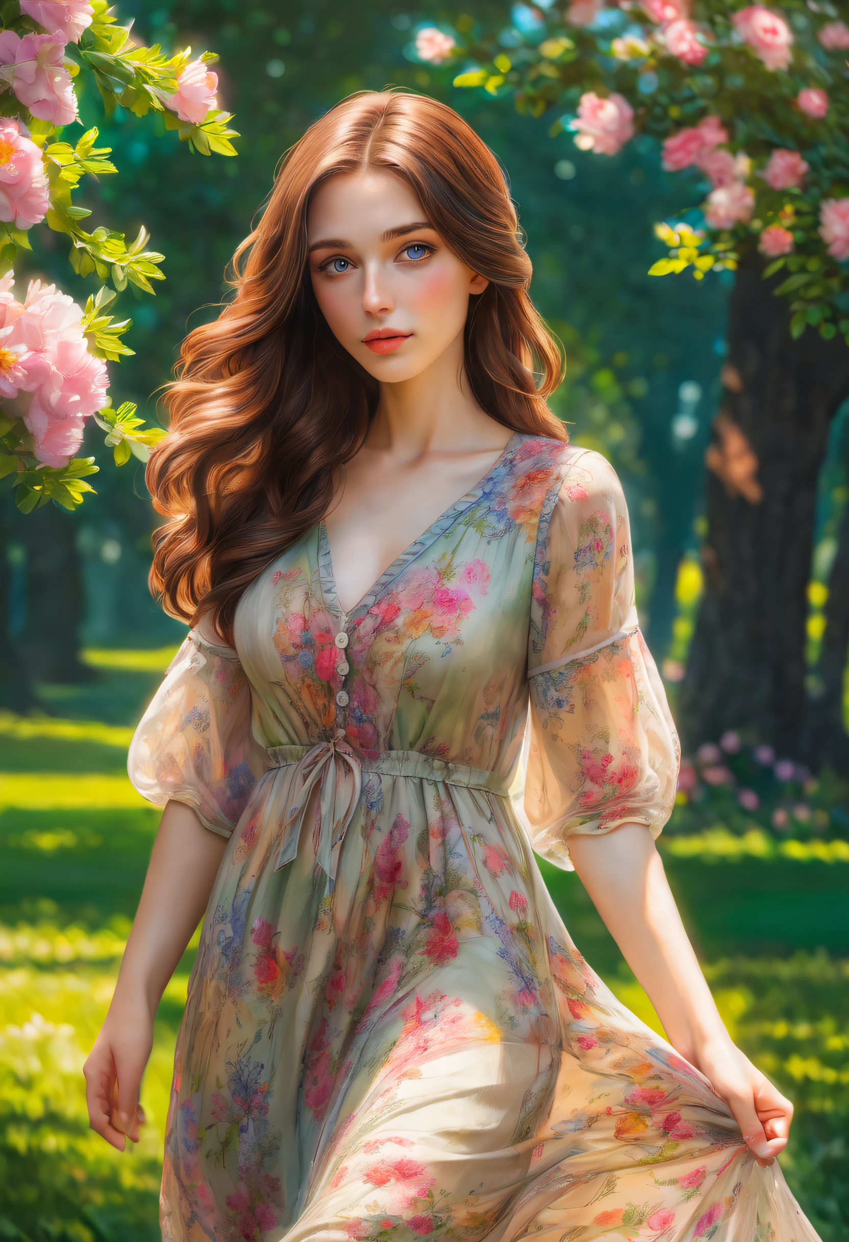 brown-haired girl, blue eyes, (beautiful detailed eyes, beautiful detailed lips), (soft and flowing brown hair), (youthful and radiant appearance), garden setting, (colorful flowers, lush green grass), (sunlight streaming through the trees), (gentle breeze rustling her hair), (happy and content expression), (girl wearing a floral dress), (playful and carefree posture), (dreamy and whimsical atmosphere), (oil painting:1.2), (ultra-detailed, realistic:1.37), (vivid colors), (soft and warm color palette), (natural light), (highres, sharp focus), (bokeh), (portrait)