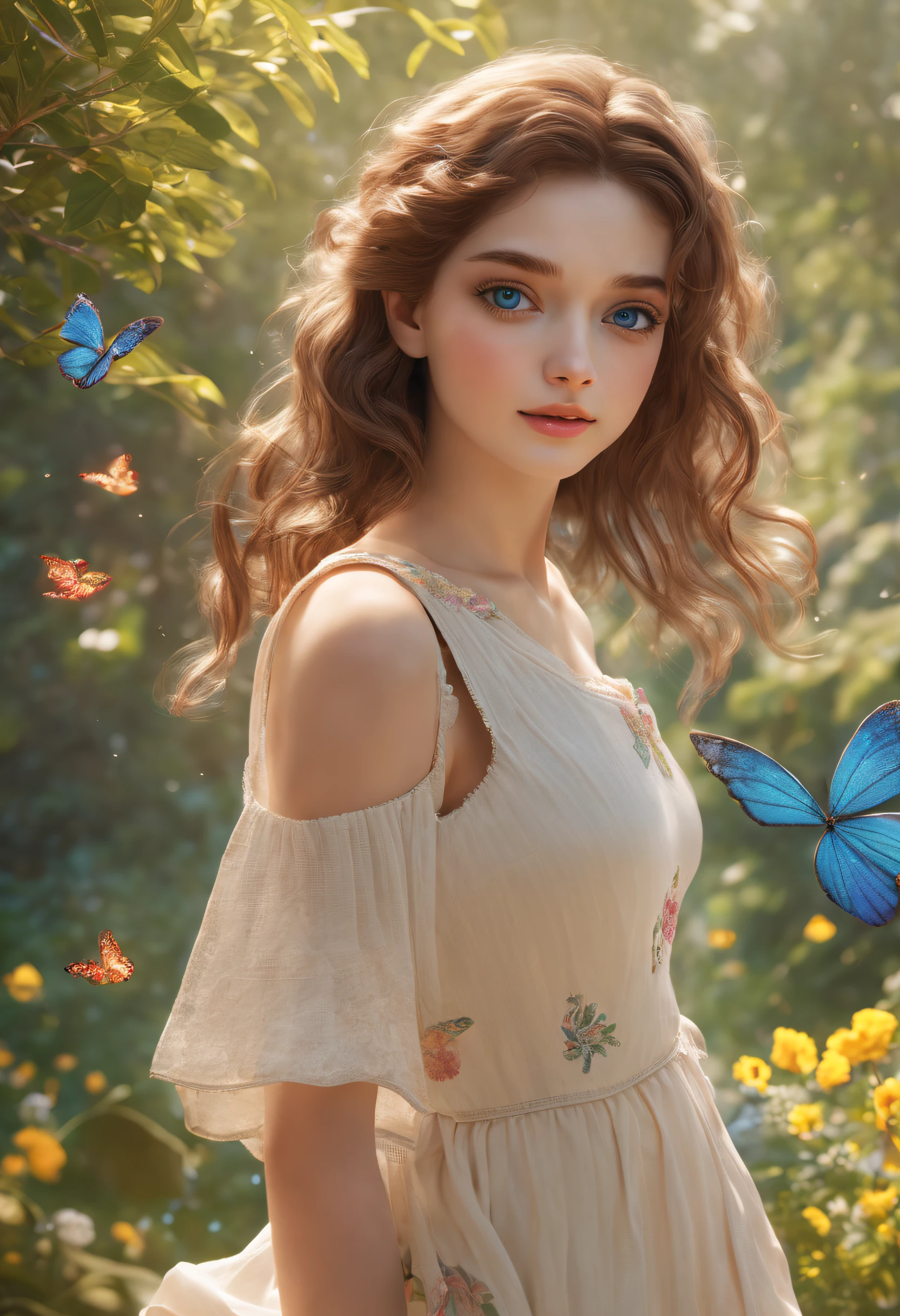 (best quality,4k,8k,highres,masterpiece:1.2),ultra-detailed,realistic,beautiful detailed eyes,brown-haired girl,blue eyes,soft wavy hair,delicate facial features,natural and effortless beauty,girly style,feminine charm,innocent and enchanting gaze,rosy cheeks,sparkling eyes,wholesome and pure,playful smile,dewy skin,fresh and radiant complexion,natural makeup,warm and inviting atmosphere,subtle sunlight filtering through the trees,gentle breeze,serene garden scenery,lush green grass and vibrant flowers,colorful butterflies dancing around,peaceful and tranquil environment,hint of nostalgia and childhood memories,secret hideaway in nature's embrace,daydreaming and lost in thought,deep connection with the natural world,tenderness and serenity captured in the moment,perfect harmony between girl and garden