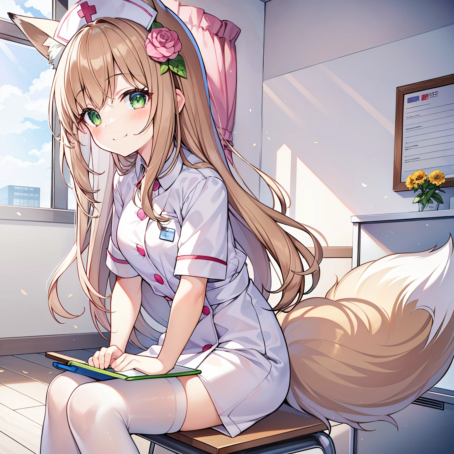 (tmasterpiece, Best quality at best, A high resolution), 1 girl, Alone, Oversized fox tail,Green-eyed,(Brown hair long),Small flower headdress, (_Cute loli),moderrchitecture,A MILF,In the school infirmary_Play the role of a nurse,Sit on a small stool,Wearing a white nurse's uniform_White stockings,Hold a notepad,ssmile,seen from the side,