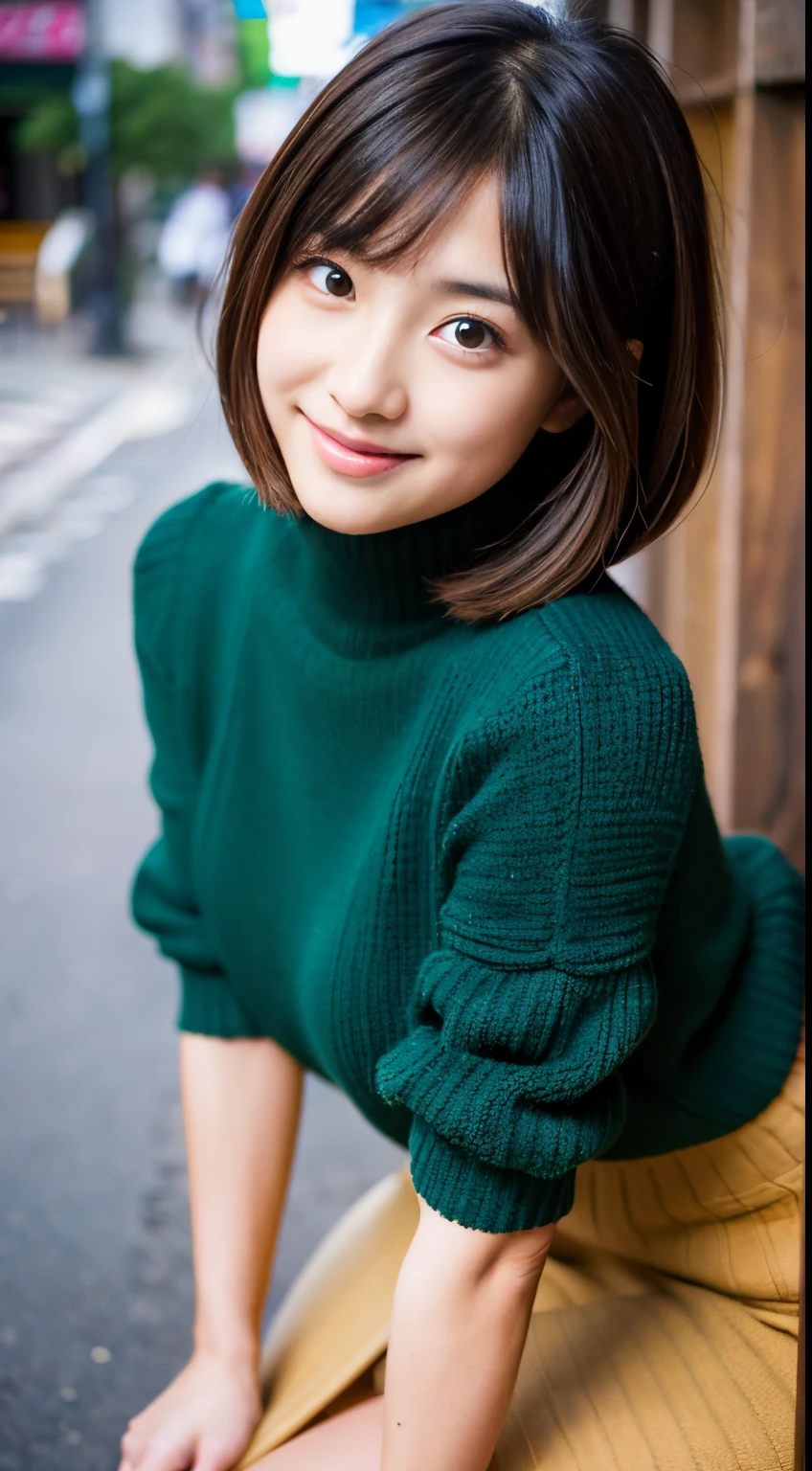 Best-quality, Masterpiece, Ultra-High-Resolution, (Photorealistic:1.4), Raw-Photo, Extremely-Details, Perfect-Anatomy, 1girl, 18-years-old, the most famous Japanese idol, cowboy-shot, upturned hip, looking at viewer, innocent smile, wearing only very tight and long colorful knit-dress with cute design, detailed extremely cute face like a most popular Japanese idol, detailed extremely beautiful big black solid circle eyes, detailed extremely beautiful short-cut-haired, detailed extremely beautiful realistic skins, detailed extremely beautiful hip, detailed extremely beautiful big breasts, detailed extremely beautiful body, detailed extremely beautiful thighs, detailed very tight long-length colorful knit-dress with cute design
