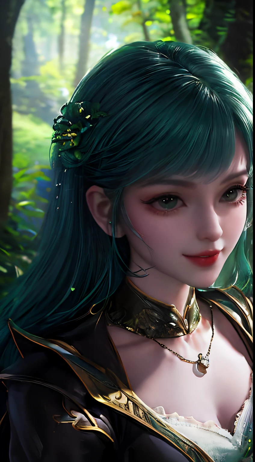 ultra-detailed, masterpiece, highest quality, love letter, pov,smile,Close-up of a stream flowing through a lush green forest, ross tran. scenery background, ryan dyar, environment painting, Beautiful oil matte painting, photorealistic landscapes, 4k hd matte digital painting,