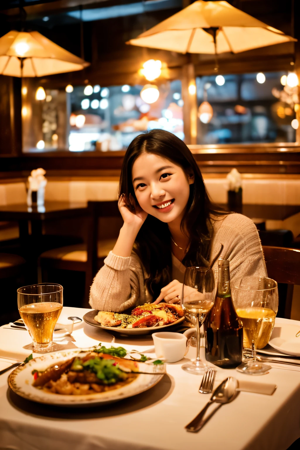 (best quality,4k,highres:1.2),ultra-detailed,beautiful girl ,realistic lighting,,glimmering lights,cozy atmosphere,delicious food,warm colors,bokeh,restaurant ambiance,crystal clear,vivid details,culinary delight,stylish decor,joyful expressions,restaurant interior,gleaming tableware,meticulously plated dishes,curated menu,soft shadows,intimate setting,smiling faces,unforgettable dining experience