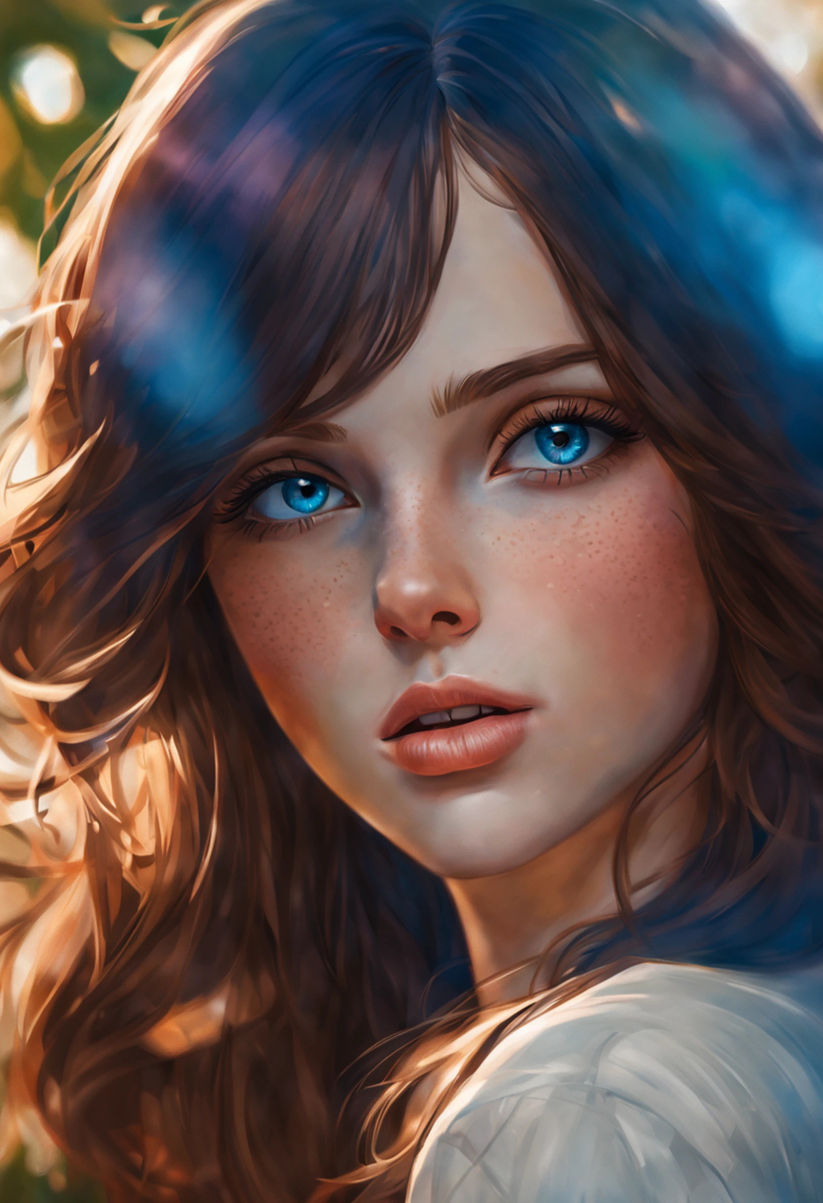 best quality,ultra-detailed,realistic,brown-haired girl,blue eyes,portraits,illustration,beautiful detailed lips and eyes,vibrant colors,soft lighting,captivating gaze,natural scenery,flowing hair,serene expression,artistic rendering,fine textures,bokeh,high-res masterpiece.
