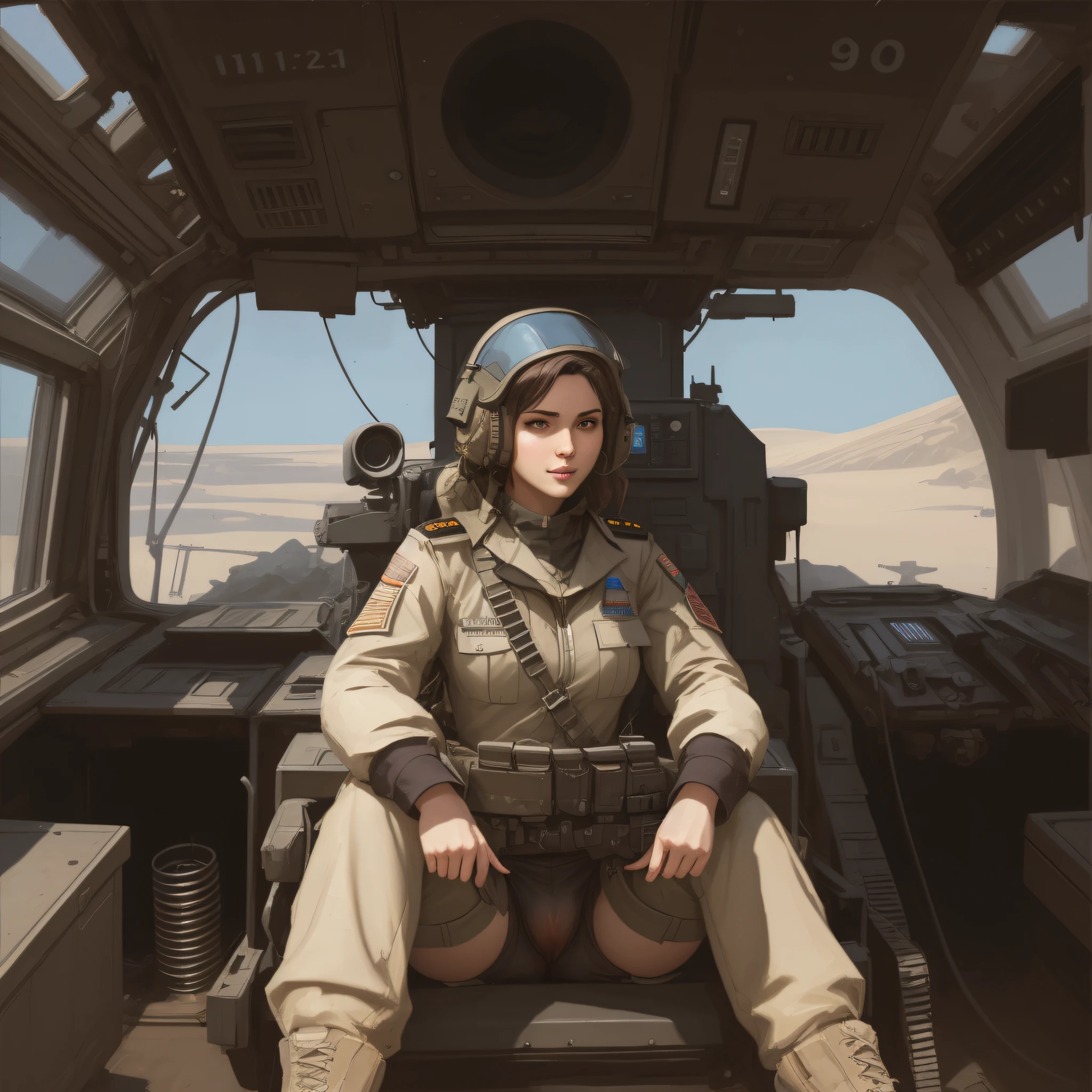 Female pilot sitting in the cockpit of a military vehicle, Inspired by Craig Mullins, highly realistic concept art, craig mullins style, wojtek fus, highly detailed digital artwork, 4K highly detailed digital art, Highly detailed digital painting, ArtGerm Craig Mullins, Craig Mullins Greg Lutkowski, detailed digital concept art, Craig Mullins、female pervert, puffy niples_white tit, how-to, _Juice, public_hair,,, Mai-chan uncensored、Crotch exposed_