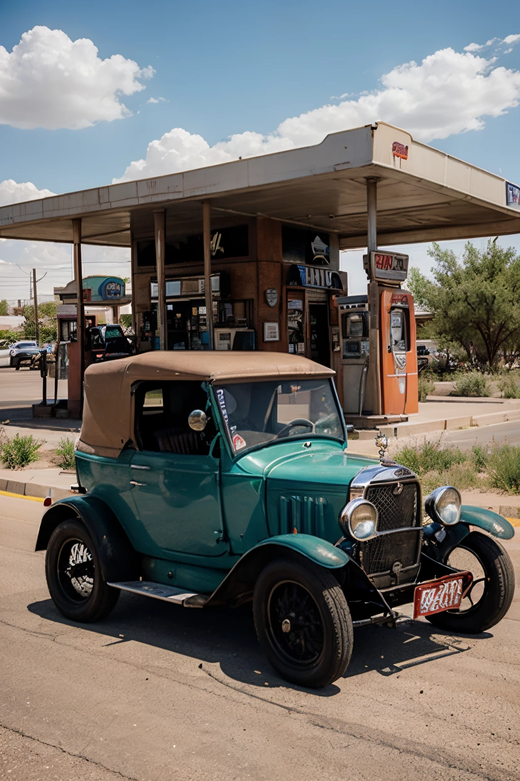 Soapbox car on Route 66, in the background a gas station.