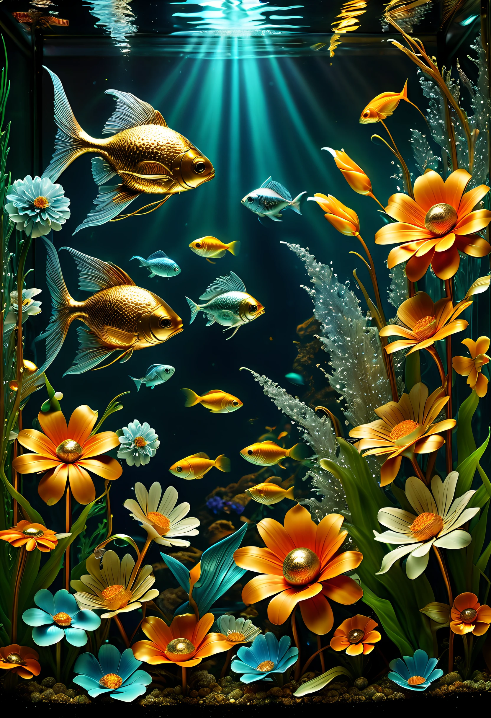 (((stunning steel_punk digital painting of grand metal_garden in a large aquarium:1.4))), (((metallic_texture_flowers:1.5))), breathtaking contrast of light and shadow, metallic flowers glisten under a complex glow, mesmerizing glow that highlights the beauty of the metallic flowers, while snowflakes fall gently from above, graceful fish swim through the water. visually stunning detailed digital painting, beautiful, extremely incredibly detailed, intricate insane details, (((radiosity rendered in stunning 32k resolution beauty:1.3))),  (((intricate detail:1.4))), (((extremely insane detail:1.4))), (((highly quality:1.3))), ultimate level art, (((highly quality:1.3))), (((radiosity rendered in stunning 32k resolution beauty:1.3))),