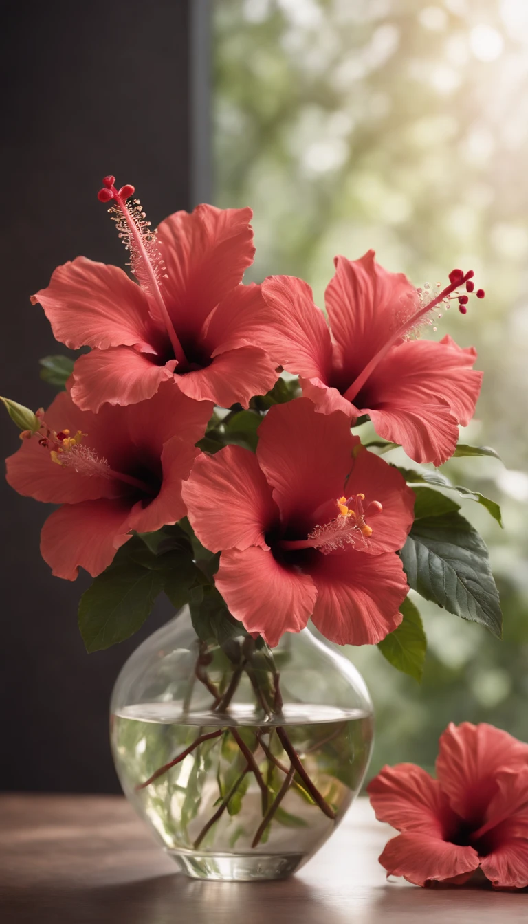 (masterpiece, best quality, ultra-detailed, 8k wallpaper, photorealistic), a bouquet of hibiscus made entirely of metal, glass vase, conceptual, studio lighting