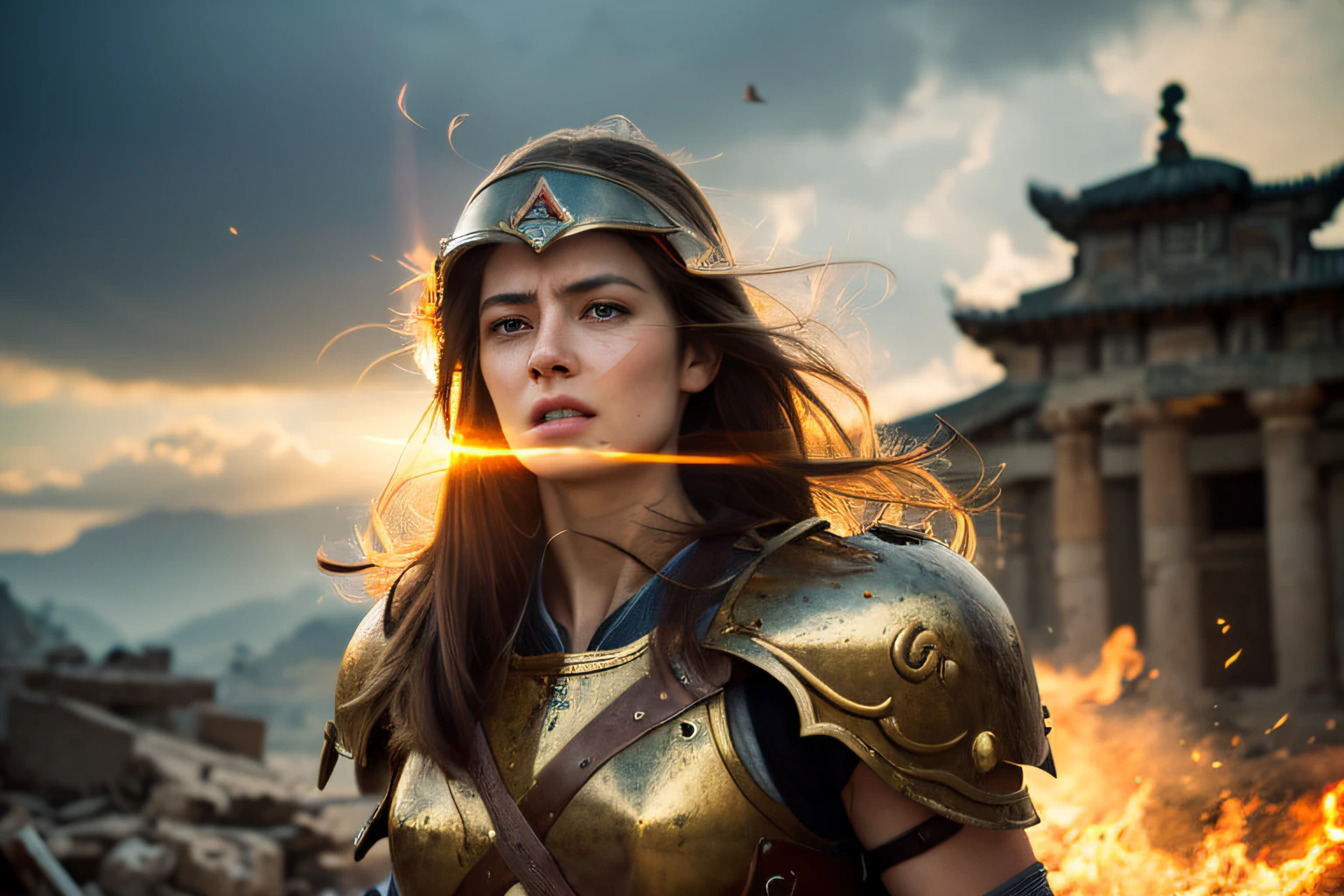 (best quality,4k,highres,masterpiece:1.2),ultra-detailed,(realistic,photorealistic,photo-realistic:1.37),goddess of war, Athena, virgin, narrow beautiful eyes, narrow beautiful lips, sharp focus, physically based rendering, messy long flowing hair, broken bronze armor, broken helmet, broken curved shield, broken spear, look of frustration, lost strength and courage, losing battle, battlefield, captive, temple in background ruins, dramatic lighting, vivid colors, mythical landscape, ancient Greece, sunlight breaking through clouds, sense of mystery and power