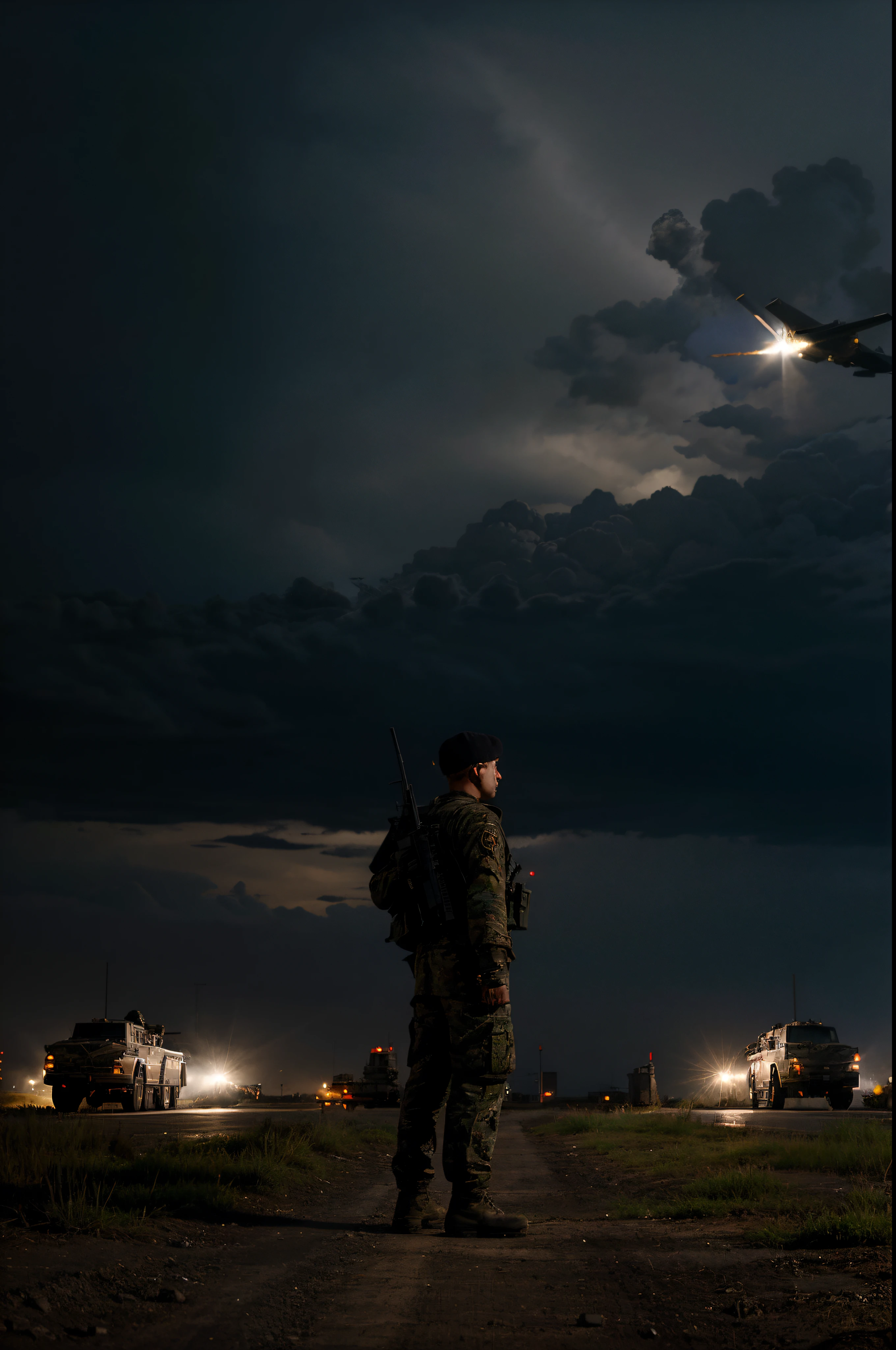 dark sky, tanker trucks, single soldier with rifle standing, tanks, fighter jets in sky