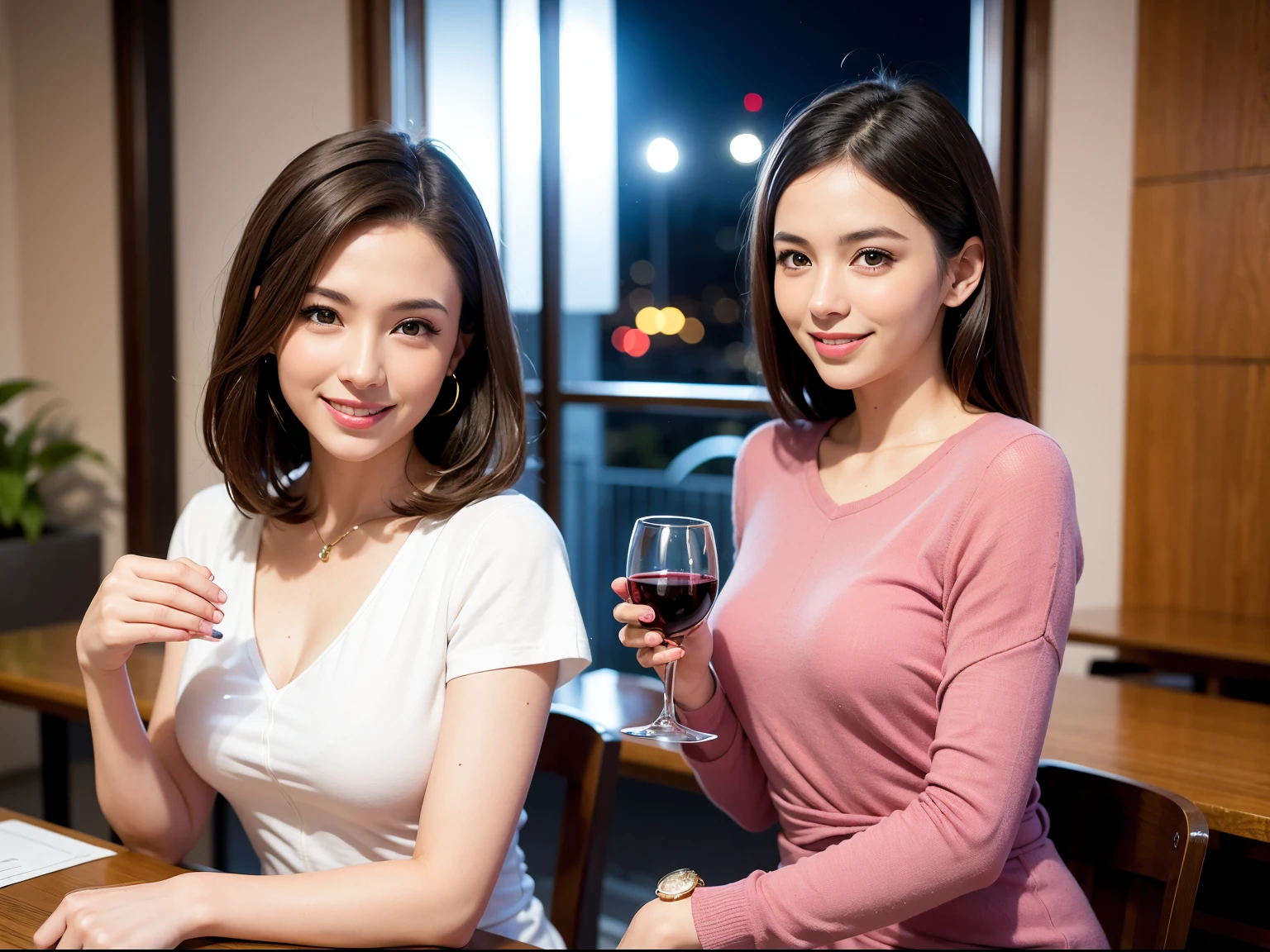 (64K, UHD, top quality, masterpiece: 1.2), (realistic, photorealistic: 1.37), super detailed, pretty woman 1 person, (slim face), (slim body), (brown hair), (short cut), cheeks slightly blushing, (35 years old), 38 years old, solo, beautiful detailed urban night view outside the window, restaurant, wine glasses sit, at night, in a prominent place (from the waist up) NovaFrogStyle, Actress, Model, Waist Up, White Wine, Slim, Wine Glass, Super Clean Night View, Wine Glass Put in the Middle, Happy Smile, (Smile: 1.15), Beautiful Fine Eyes, Upper Body, Bust Japan Up, Night, Short, Short, Actress, Model, Waist Up, White Wine, Slim, Wine Glass, Super Clean Night View, Wine Glass Put in the Middle, Happy Smile,