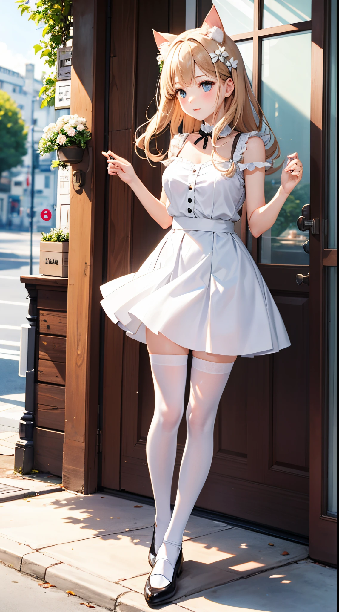 White skirt。White flowers。White girl with cat ears。white stockings。