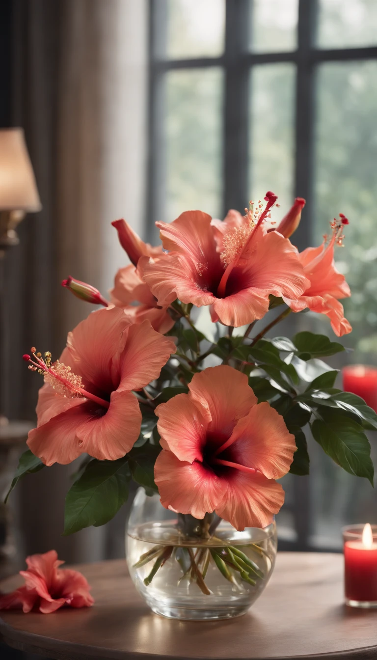 (masterpiece, best quality, ultra-detailed, 8k wallpaper, photorealistic), a bouquet of metal hibiscus, glass vase, conceptual, studio lighting