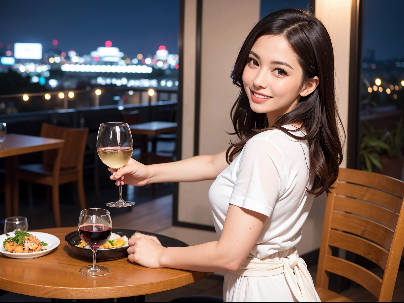(64K, UHD, top quality, masterpiece: 1.2), (realistic, photorealistic: 1.37), super detailed, pretty woman 1 person, (slim face), (slim body), (brown hair), (short cut), cheeks slightly blushing, (35 years old), 38 years old, solo, beautiful detailed urban night view outside the window, restaurant, wine glasses sit, at night, in a prominent place (from the waist up) NovaFrogStyle, Actress, Model, Waist Up, White Wine, Slim, Wine Glass, Super Clean Night View, Wine Glass Put in the Middle, Happy Smile, (Smile: 1.15), Beautiful Fine Eyes, Upper Body, Bust Japan Up, Night, Short, Short, Actress, Model, Waist Up, White Wine, Slim, Wine Glass, Super Clean Night View, Wine Glass Put in the Middle, Happy Smile,
