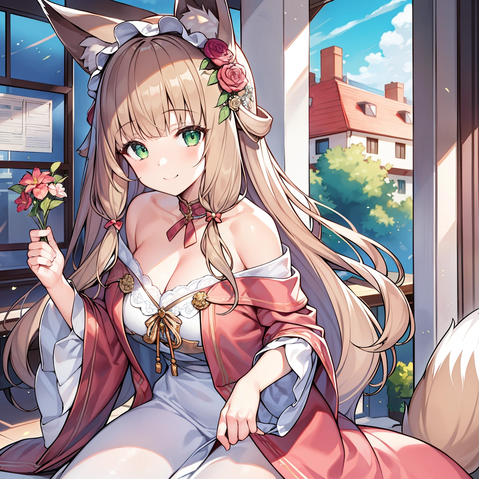 tmasterpiece，Highest high resolution，8k wallpaper，Highest drawing quality)，1 girl，Alone，(Huge fox tail)，Brown hair long，Green-eyed，Small flower headdress，(21-year-old college student_C cup)，modernn architecture, A MILF, At the dinner party，The girl reached out to me_Take the initiative to invite me to be her dance partner，Wearing an off-shoulder monochrome dress，ssmile，face flushed，Face-to-face perspective，