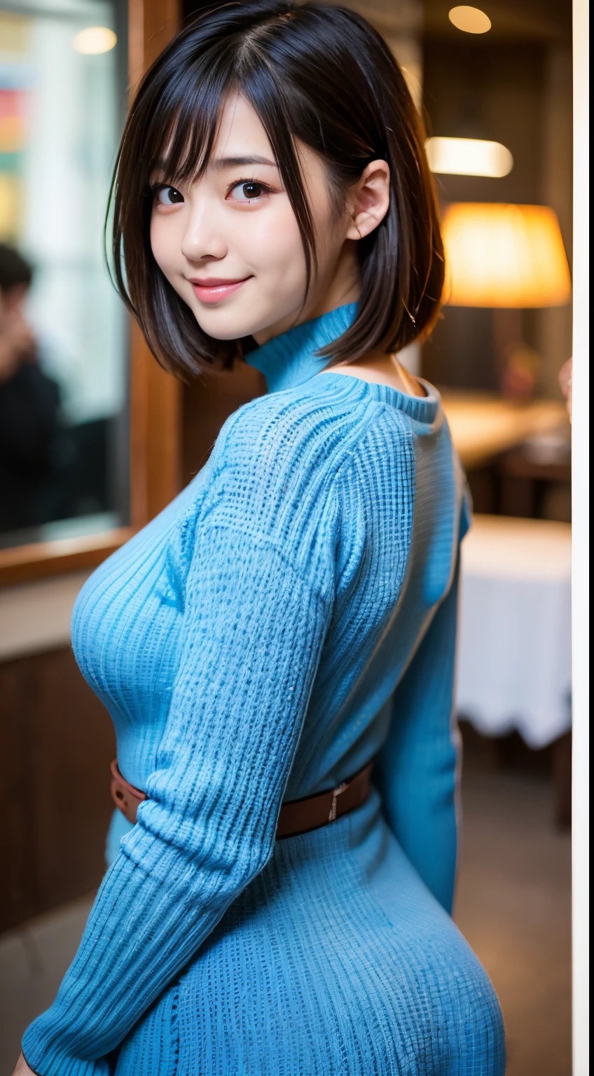 Best-quality, Masterpiece, Ultra-High-Resolution, (Photorealistic:1.4), Raw-Photo, Extremely-Details, Perfect-Anatomy, 1girl, 18-years-old, the most famous Japanese idol, cowboy-shot, upturned hip, looking at viewer, innocent smile, wearing only very tight and long-sleeve colorful knit-dress with cute design, detailed extremely cute face like a most popular Japanese idol, detailed extremely beautiful big black solid circle eyes, detailed extremely beautiful short-cut-haired, detailed extremely beautiful realistic skins, detailed extremely beautiful hip, detailed extremely beautiful big breasts, detailed extremely beautiful body, detailed extremely beautiful thighs, detailed very tight and long-sleeve colorful knit-dress with cute design