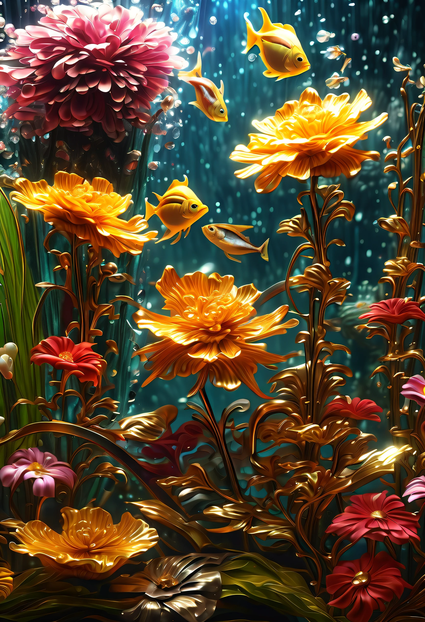 (((stunning steel_punk digital painting of a grand metal_garden in a large aquarium:1.4))), (((metallic_texture_flowers:1.5))), breathtaking contrast of light and shadow, metallic flowers glisten under a complex glow, mesmerizing glow that highlights the beauty of the metallic flowers, while snowflakes fall gently from above, graceful fish swim through the water. visually stunning detailed oil painting, beautiful, extremely incredibly detailed, intricate insane details, (((radiosity rendered in stunning 32k resolution beauty:1.3))),  (((intricate detail:1.4))), (((extremely insane detail:1.4))), (((highly quality:1.3))), ultimate level art, (((highly quality:1.3))), (((radiosity rendered in stunning 32k resolution beauty:1.3))),