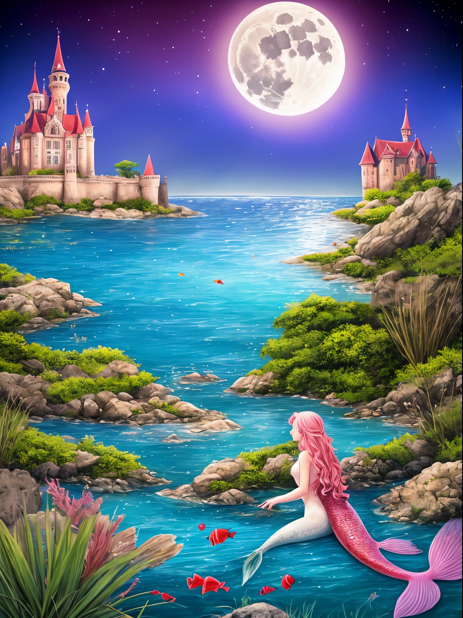 Pink fish tail mermaid，Sitting on the shore and playing in the water，Colorful castle in the background，nigth，Bright moon