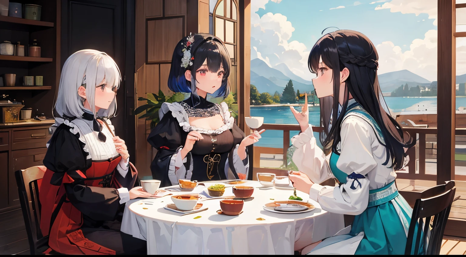 2 cute women、plethora of colors、细致背景、ultra-detailliert、best qualtiy、Highest Quality、Medieval Europe、tea parties、antique