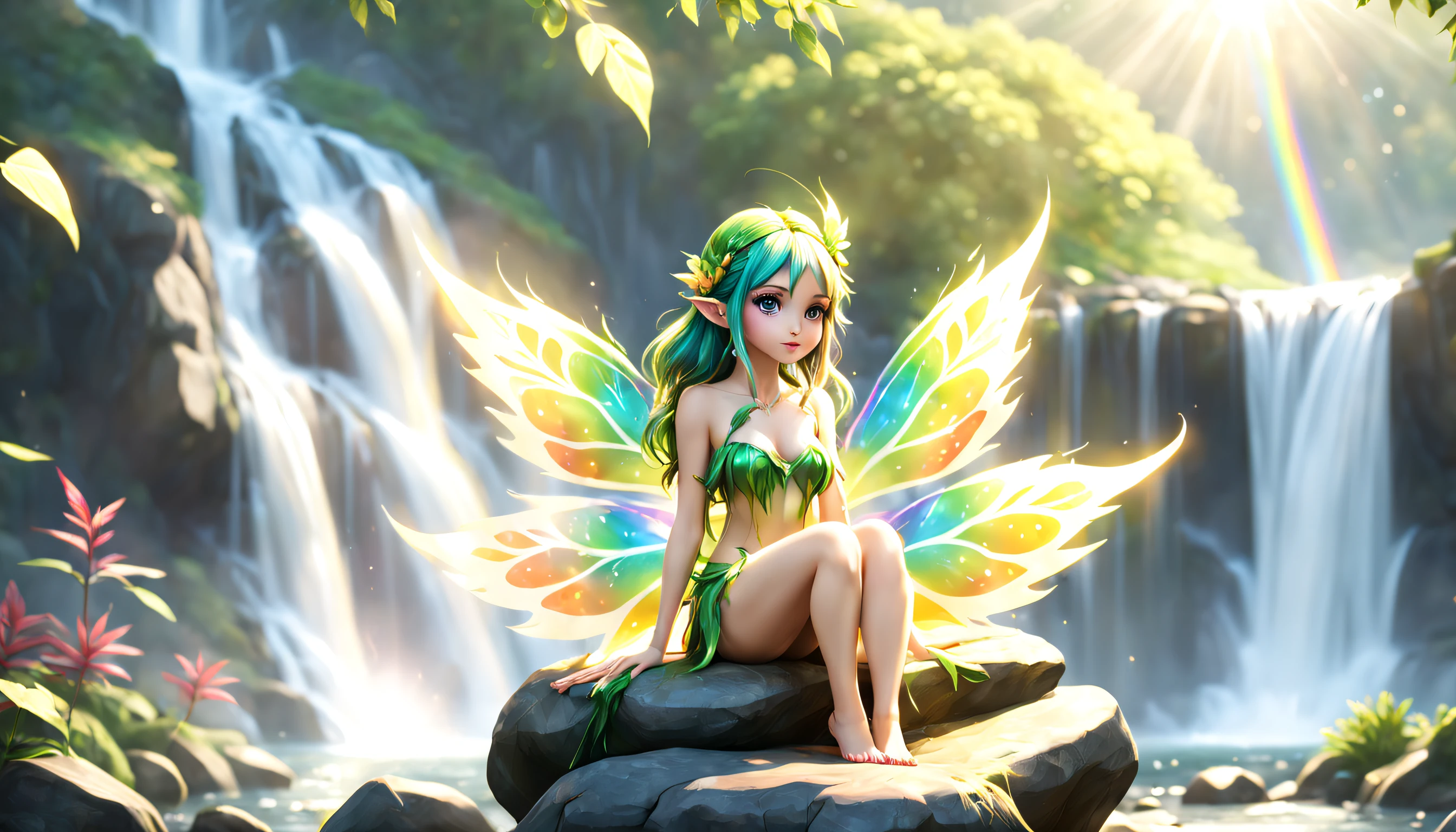 a beautiful sexy cute shy wood fairy leaf clothing, sits on a stone to catch the raze of the sun, Rainbow waterfall backdrop, photorealistic, 8k, masterpiece