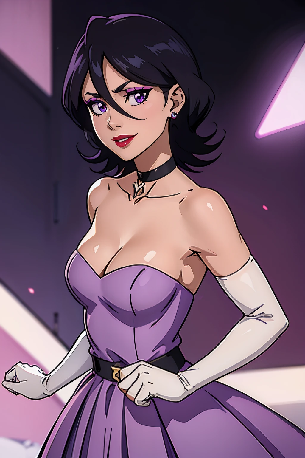 light purple dress, strapless dress, long white elbow gloves, smile, red lipstick,light dark purple eye shadow, makeup, black choker