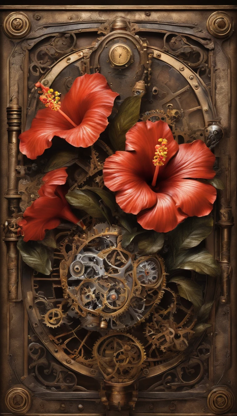 (masterpiece, best quality, ultra-detailed, 8k wallpaper, photorealistic), a bouquet of hibiscus made entirely of metal, glass vase, conceptual, studio lighting