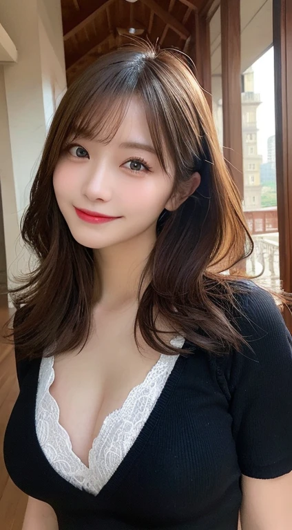 masutepiece, Best Quality, Illustration, Ultra-detailed, finely detail, hight resolution, 8K Wallpaper, Perfect dynamic composition, Beautiful detailed eyes, doress,Medium Hair, mid-chest, Natural Color Lip, Random and sexy poses,Smile,Tower Mansion、tits out、tits out