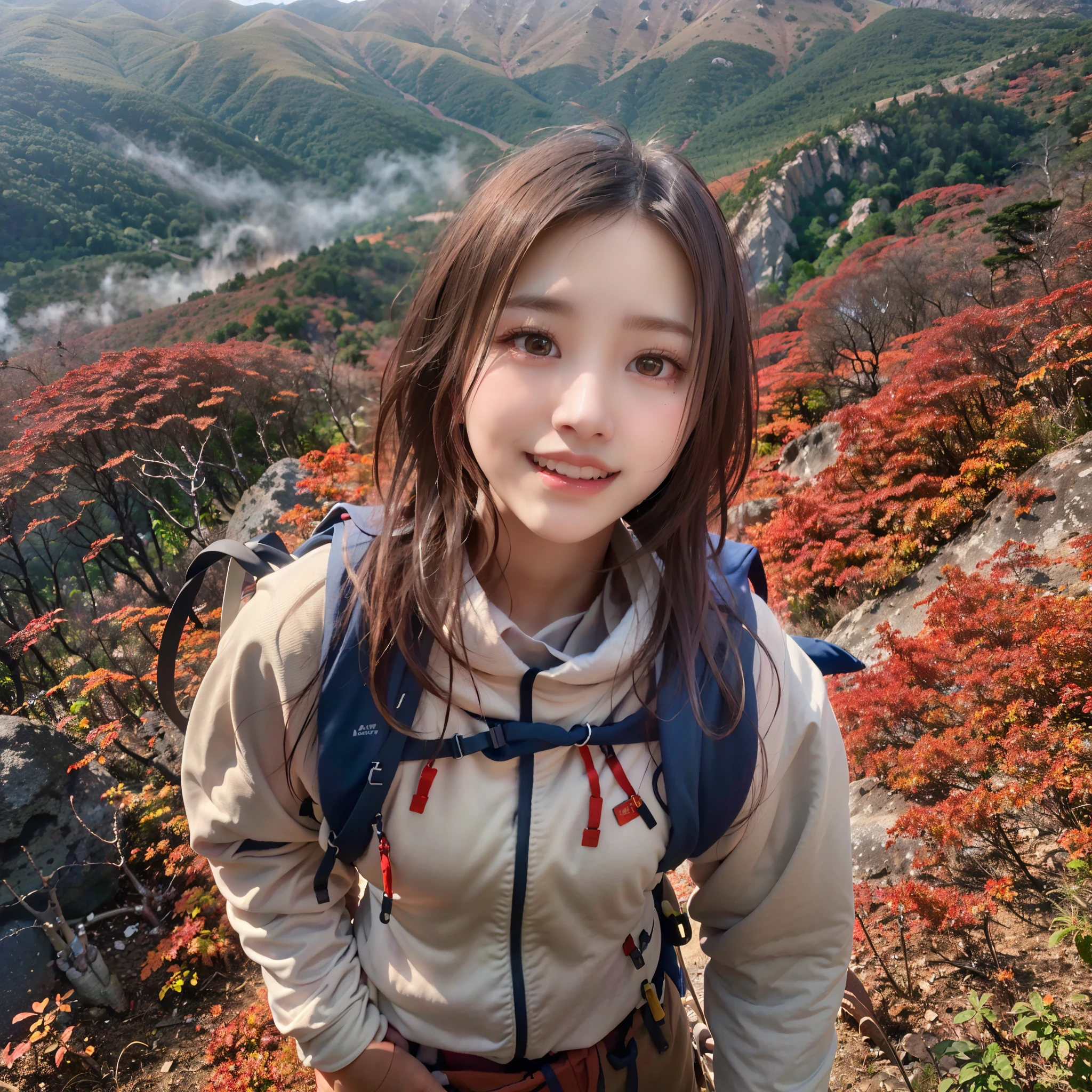 (Nature-scape photography), (best quality), masterpiece:1.2, ultra high res, photorealistic:1.4, RAW photo, (Magnificent mountain, sea of clouds), (On a very high mountain peak), (Blue sky in autumn, Red-colored forest), (wide-angle shot), (Show cleavage:0.8),
(1girl), (Photo from the knee up:1.3), (18 years old), (smile:1.2), (shiny skin), (real skin), (semi-long hair, dark brown hair)
(Mountain Parker, Large white V-neck T-shirt, Trekking pants), (Carrying a large backpack),
(ultra detailed face), (ultra Beautiful fece), (ultra detailed eyes), (ultra detailed nose), (ultra detailed mouth), (ultra detailed arms), (ultra detailed body), pan focus, looking at the audience