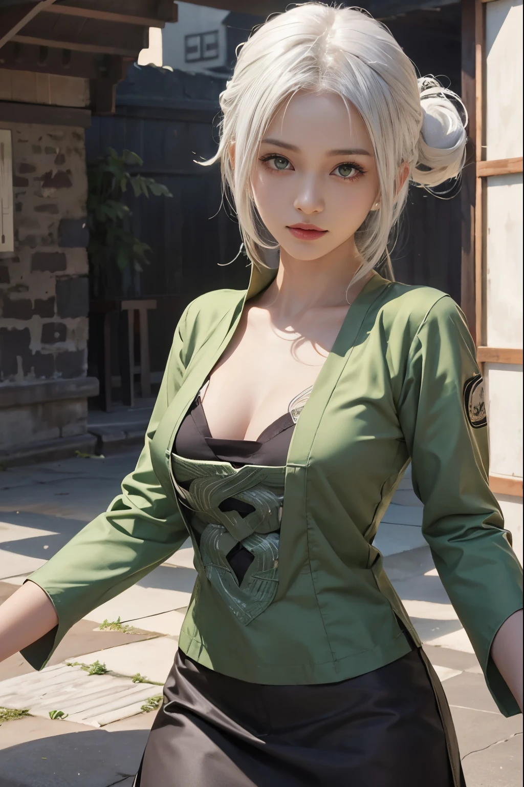 1girl, tsunade in anime naruto, long hair, yellow hair, yellow eyes, smile, beautiful, sexy dress, sexy clothes, green clothes, very big breast, realistic clothes, detail clothes, outdoor background, ultra detail, realistic