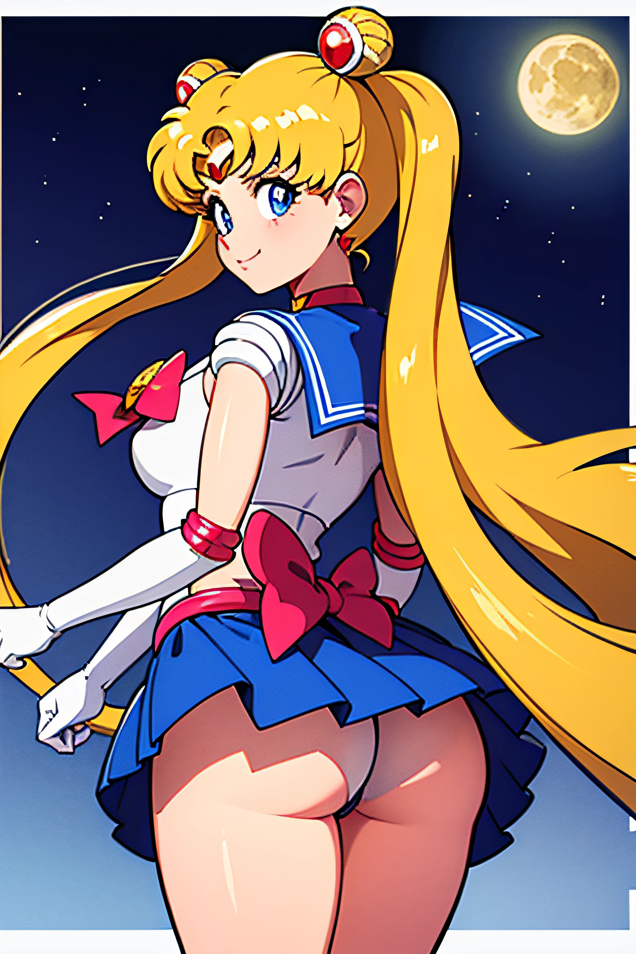 masterpiece, best quality, absurdres, perfect antomy, 1girl, solo, SMMoon, 1990s \(style\), blonde sailor moon, standing, smile, cowboy shot, sailor senshi uniform, sailor collar, blue skirt, elbow gloves, in back pose, show her booty, backwards, no thong big booty, ultra mini skirt ( BACK POSE, BACKWARD, SHOW HER BOOTY)