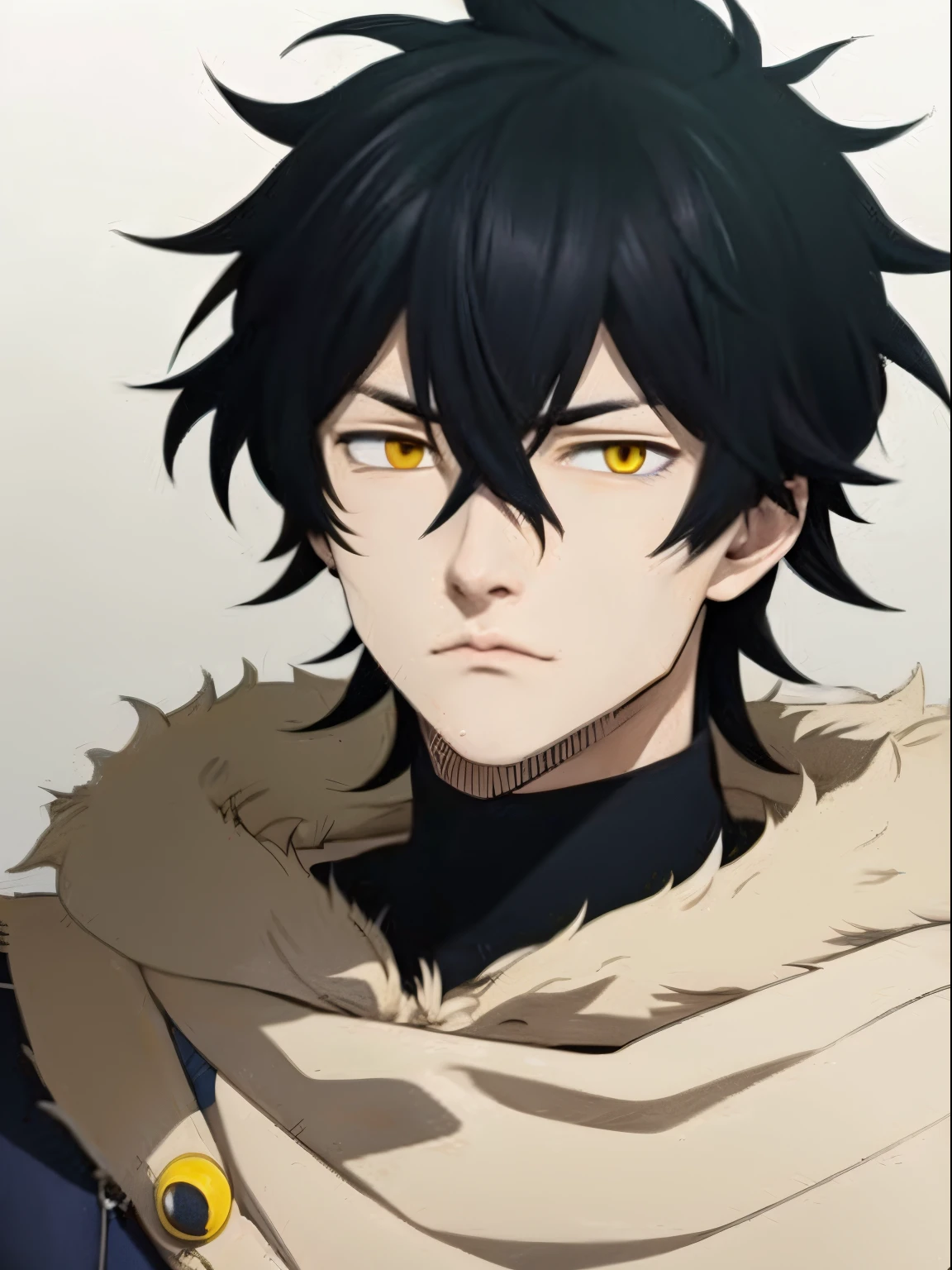 boy with black hair wearing yellow coat, yellow eyes