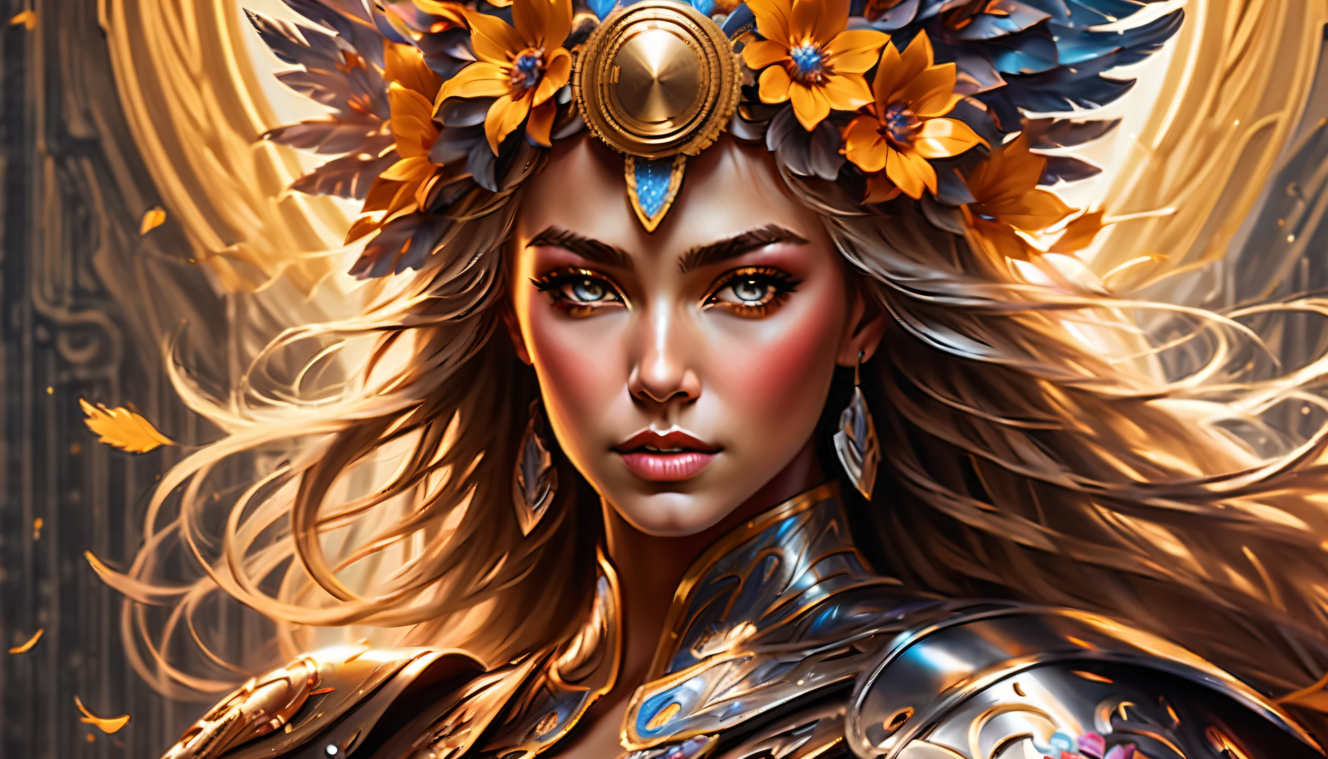 (((stunning portrait of a Western mythological Valkyrie of highlight metal flowers:1.4))), visually diverse and interesting concept, detailed tachism style, merciless illusions that surrounded, illustration features a sword and shield made of metallic flowers, Valkyrie is adorned in intricate metal flowers armor with a beautiful texture, dressed in intricate metal armor with a focus on texture, intricate metallic flowers, visual is incredibly complex and captures the ultimate quality, visually descriptive and diverse, (((surreal and stunning illustration:1.1))), visual is incredibly detailed and captures the complexity of a 32k rendering, rich and vibrant color palette, its beauty and strength captured in every brushstroke, (((intricate detail:1.4))), (((extremely insane detail:1.4))), (((highly quality:1.3))), ultimate level art, (((highly quality:1.3))), (((radiosity rendered in stunning 32k resolution beauty:1.3))),
