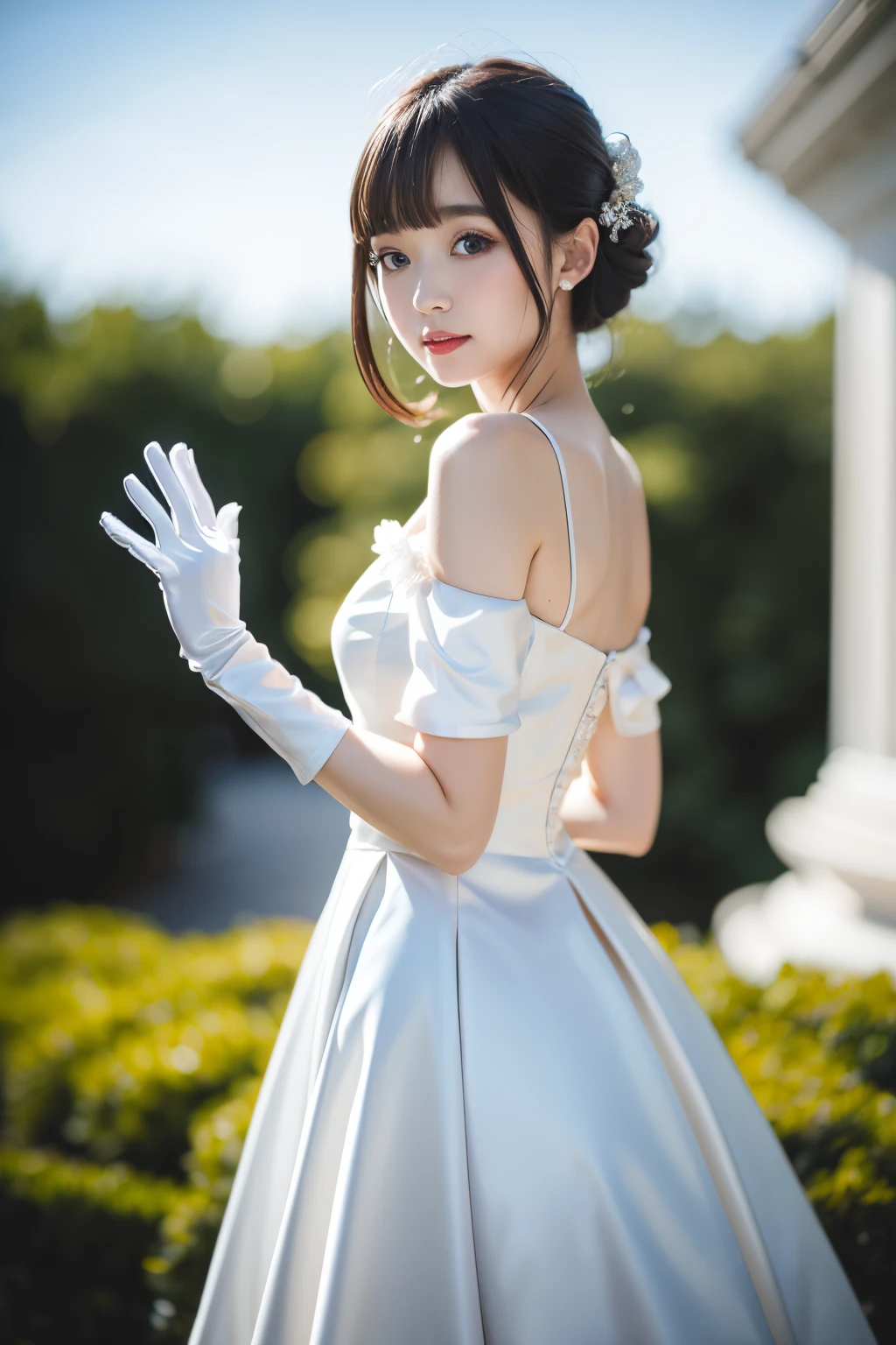 (photo realistic:1.55),(ulzzang-6500:0.65), masterpiece, best quality, detailed, blurry, depth_of_field, blurry_background, blurry_foreground, 1girl, gloves, white_gloves, dress, motion_blur, photo_\(medium\), solo, white_dress