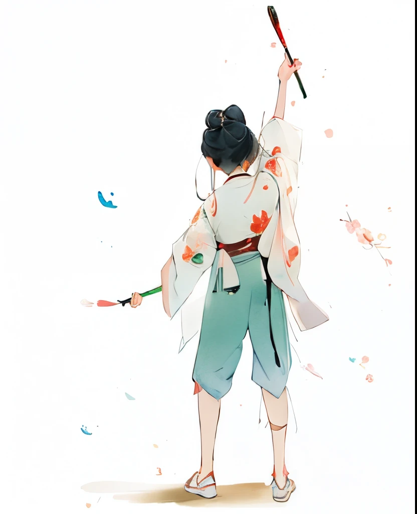 A young boy with，Wearing Chinese classical traditional Hanfu，with her back to us，One hand held high，Drawing with a brush，-ar 3:4 -q 2 -s 750 -niji 5（ink and watercolor painting、Traditional chinese painting、Meticulous、Traditional chinese painting、Oil brush strokes、）